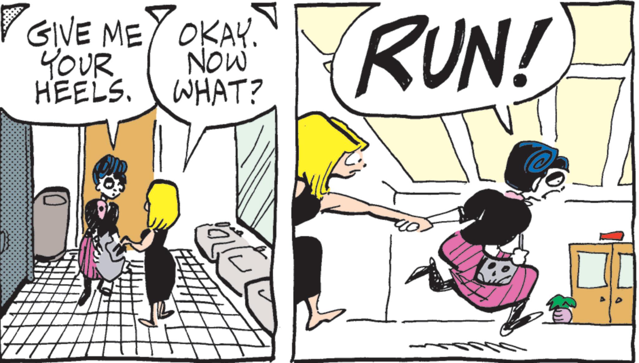 Animated cartoon OCR: ? GIVE ME OKAY. YOUR HEELS. NOW WHAT? RUN! ??? ? GIVE ME OKAY . YOUR HEELS . NOW WHAT ? RUN ! ? ??