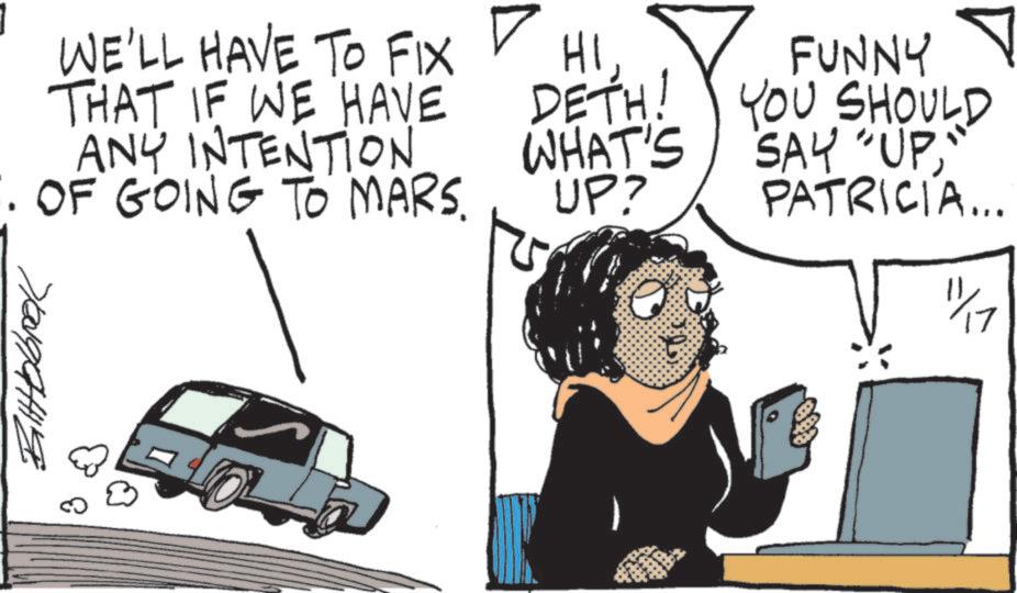 Animated cartoon OCR: ? HIDETH! WHAT'S UP? WE'LL HAVE TO FIX THAT IF WE HAVE ANY INTENTION • OF GOING TO MARS. 70090419 FUNNY YOU SHOULD SAY "UP" PATRICIA... 11/17 ? HIDETH ! WHAT'S UP ? WE'LL HAVE TO FIX THAT IF WE HAVE ANY INTENTION • OF GOING TO MARS . 70090419 FUNNY YOU SHOULD SAY " UP" PATRICIA ... 11/17