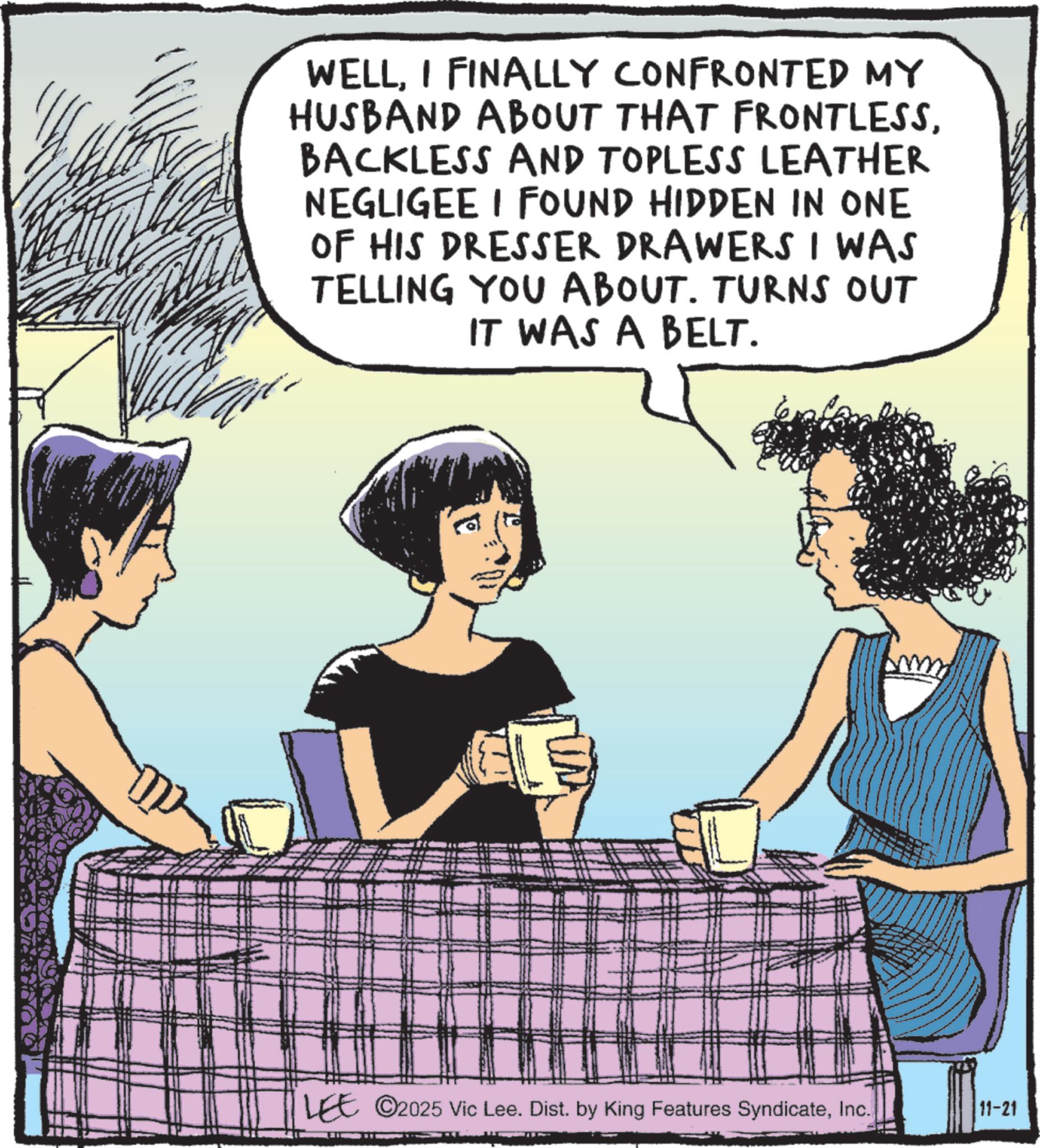Comic book OCR: ? WELLI FINALLY CONFRONTED MY HUSBAND ABOUT THAT FRONTLESSBACKLESS AND TOPLESS LEATHER NEGLIGEE I FOUND HIDDEN IN ONE OF HIS DRESSER DRAWERS I WAS TELLING YOU ABOUT. TURNS OUT IT WAS A BELT. ? LEE 2025 Vic Lee. Dist. by King Features SyndicateInc. 11-21 ? WELLI FINALLY CONFRONTED MY HUSBAND ABOUT THAT FRONTLESSBACKLESS AND TOPLESS LEATHER NEGLIGEE I FOUND HIDDEN IN ONE OF HIS DRESSER DRAWERS I WAS TELLING YOU ABOUT . TURNS OUT IT WAS A BELT . ? LEE 2025 Vic Lee . Dist . by King Features SyndicateInc. 11-21