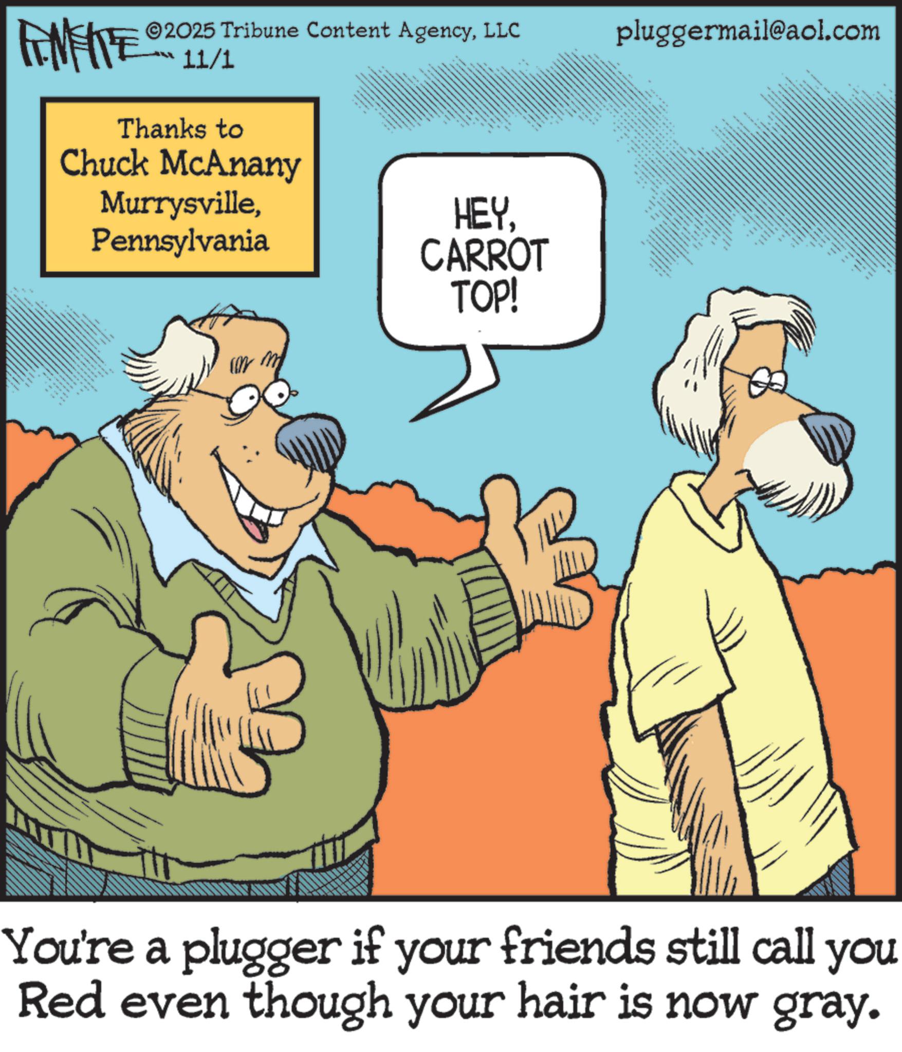 Comedy OCR: ©2025 Tribune Content AgencyLLC 11/1 Thanks to Chuck McAnany MurrysvillePennsylvania HEYCARROT TOP! con pluggermail@aol.com www You're a plugger if your friends still call you Red even though your hair is now gray. © 2025 Tribune Content AgencyLLC 11/1 Thanks to Chuck McAnany MurrysvillePennsylvania HEYCARROT TOP ! con pluggermail@aol.com www You're a plugger if your friends still call you Red even though your hair is now gray .