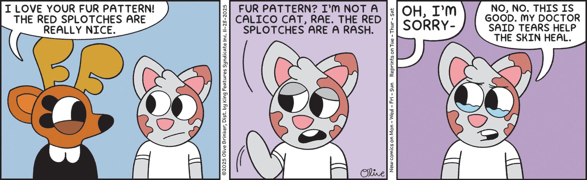 Fiction OCR: I LOVE YOUR FUR PATTERN! THE RED SPLOTCHES ARE REALLY NICE. FUR PATTERN? I'M NOT A CALICO CATRAE. THE RED SPLOTCHES ARE A RASH. ©2025 Olive BrinkerDist. by King Features Syndicate Inc. II-28-2025 Olive OHI'M SORRY- NONO. THIS IS GOOD. MY DOCTOR SAID TEARS HELP THE SKIN HEAL. New comics on Mon - Wed - Fri - Sun Reprints on Tue-Thur - Sat I LOVE YOUR FUR PATTERN ! THE RED SPLOTCHES ARE REALLY NICE . FUR PATTERN ? I'M NOT A CALICO CATRAE . THE RED SPLOTCHES ARE A RASH . © 2025 Olive BrinkerDist . by King Features Syndicate Inc. II - 28-2025 Olive OHI'M SORRY- NONO . THIS IS GOOD . MY DOCTOR SAID TEARS HELP THE SKIN HEAL . New comics on Mon - Wed - Fri - Sun Reprints on Tue - Thur - Sat