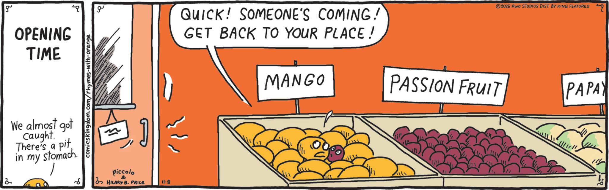 Banana OCR: g OPENING TIME We almost got Caught There's a pit in my stomach. 6 comicskingdom.com/rhymes-with-orange ?? Piccolo & HILARY B. PRICE 11-8 QUICK! SOMEONE'S COMING! GET BACK TO YOUR PLACE! MANGO PASSION FRUIT 2025 RWO STUDIOS DIST. BY KING FEATURES PAPAY g OPENING TIME We almost got Caught There's a pit in my stomach . 6 comicskingdom.com/rhymes-with-orange ?? Piccolo & HILARY B. PRICE 11-8 QUICK ! SOMEONE'S COMING ! GET BACK TO YOUR PLACE ! MANGO PASSION FRUIT 2025 RWO STUDIOS DIST . BY KING FEATURES PAPAY