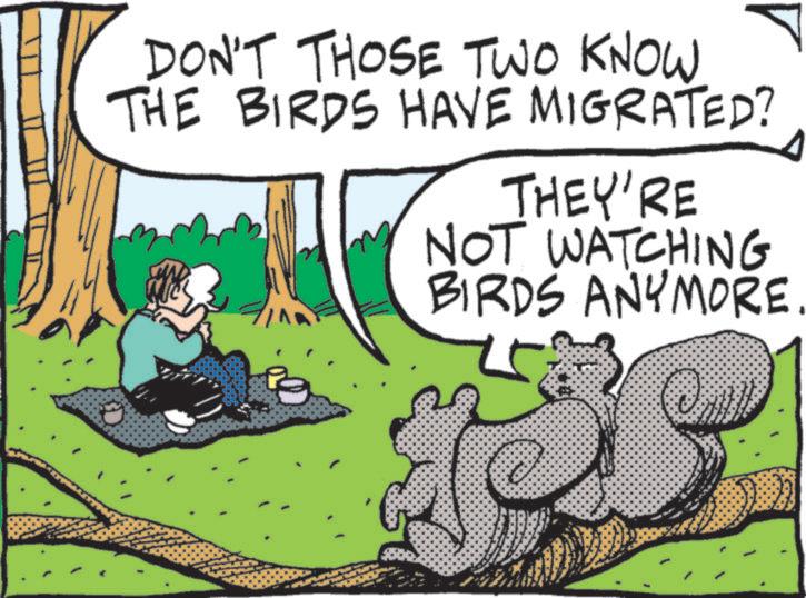 OCR: ? DON'T THOSE TWO KNOW THE BIRDS HAVE MIGRATED? THEY'RE NOT WATCHING BIRDS ANYMORE. ? DON'T THOSE TWO KNOW THE BIRDS HAVE MIGRATED ? THEY'RE NOT WATCHING BIRDS ANYMORE .