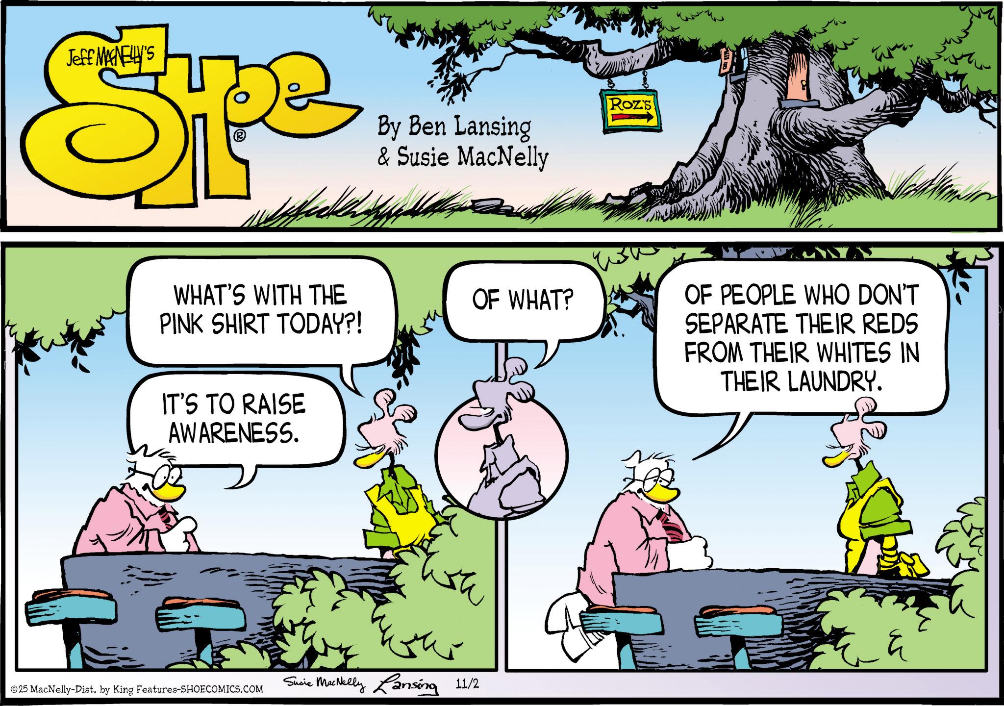 Fictional character OCR: Jeff MAGNELLY'S Spe By Ben Lansing & Susie MacNelly WHAT'S WITH THE PINK SHIRT TODAY?! IT'S TO RAISE AWARENESS. ©25 MacNelly-Dist. by King Features-SHOECOMICS.COM Susie MacNelly Lansing 11/2 OF WHAT? Roz's OF PEOPLE WHO DON'T SEPARATE THEIR REDS FROM THEIR WHITES IN THEIR LAUNDRY. Jeff MAGNELLY'S Spe By Ben Lansing & Susie MacNelly WHAT'S WITH THE PINK SHIRT TODAY ?! IT'S TO RAISE AWARENESS . © 25 MacNelly - Dist . by King Features-SHOECOMICS.COM Susie MacNelly Lansing 11/2 OF WHAT ? Roz's OF PEOPLE WHO DON'T SEPARATE THEIR REDS FROM THEIR WHITES IN THEIR LAUNDRY .