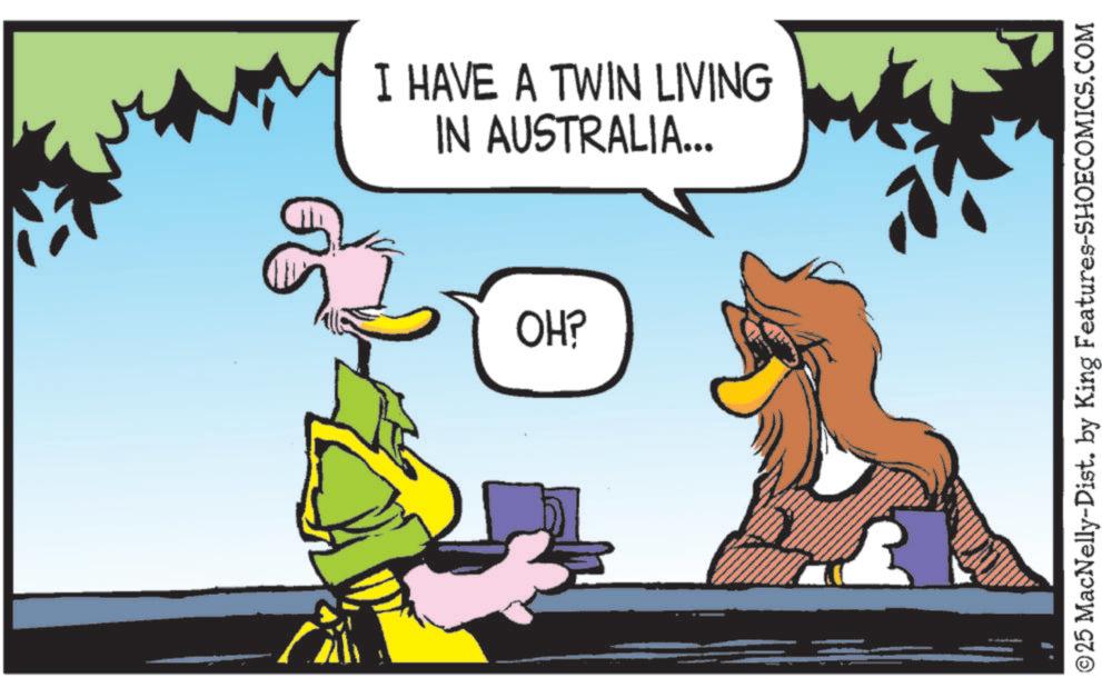 Fictional character OCR: I HAVE A TWIN LIVING IN AUSTRALIA... OH? ©25 MacNelly-Dist. by King Features-SHOECOMICS.COM I HAVE A TWIN LIVING IN AUSTRALIA ... OH ? © 25 MacNelly - Dist . by King Features-SHOECOMICS.COM