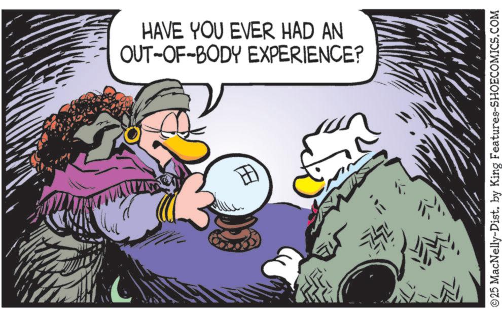 Animated cartoon OCR: HAVE YOU EVER HAD AN OUT-OF-BODY EXPERIENCE? ? !! ?25 MacNelly-Dist. by King Features-SHOECOMICS.COM HAVE YOU EVER HAD AN OUT - OF - BODY EXPERIENCE ? ? !! ? 25 MacNelly - Dist . by King Features-SHOECOMICS.COM
