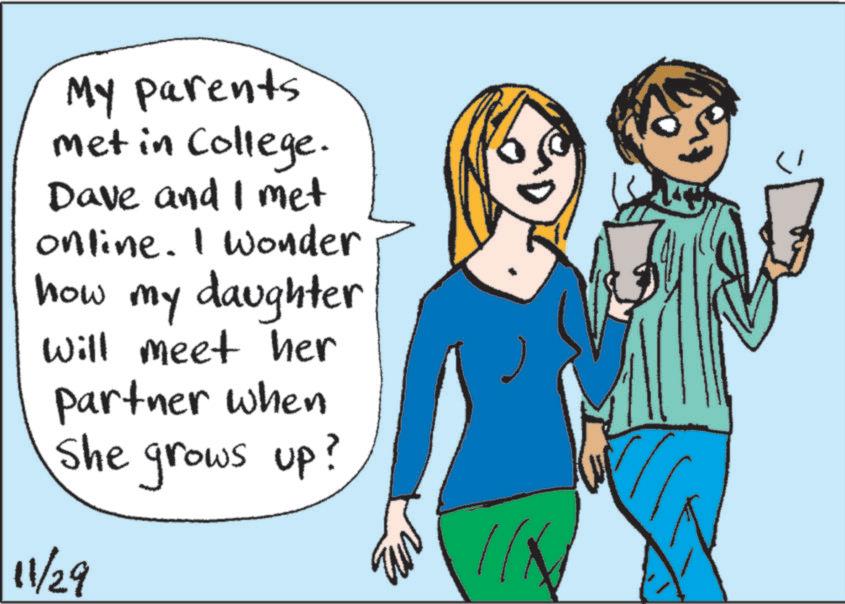 Conversation OCR: My parents met in College. Dave and I met online. I wonder how my daughter Will meet her partner when She grows up? 11/29 My parents met in College . Dave and I met online . I wonder how my daughter Will meet her partner when She grows up ? 11/29