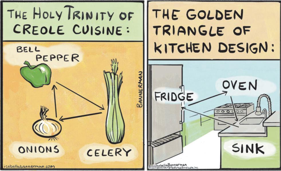 Countertop OCR: THE HOLY TRINITY OF CREOLE CUISINE: BELL PEPPER BANNERMAN THE GOLDEN TRIANGLE OF KITCHEN DESIGN: FRIDGE OVEN ONIONS CELERY isabellabannerman.com 2025/sabellaBannerman STXCHIXEDZSking Features SyndicateInc. SINK THE HOLY TRINITY OF CREOLE CUISINE : BELL PEPPER BANNERMAN THE GOLDEN TRIANGLE OF KITCHEN DESIGN : FRIDGE OVEN ONIONS CELERY isabellabannerman.com 2025 / sabellaBannerman STXCHIXEDZSking Features SyndicateInc. SINK
