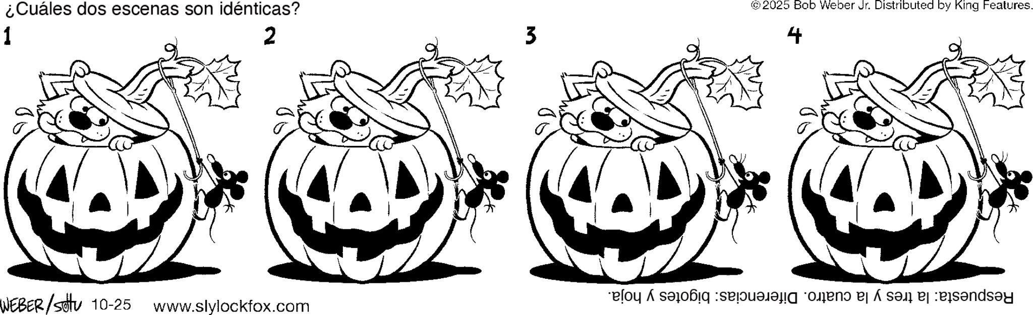 Clip art OCR: ¿Cuáles dos escenas son idénticas? 1 2 3 ©2025 Bob Weber Jr. Distributed by King Features. 4 WEBER/stu 10-25 lo sa o www.slylockfox.com ¿ Cuáles dos escenas son idénticas ? 1 2 3 © 2025 Bob Weber Jr. Distributed by King Features . 4 WEBER / stu 10-25 lo sa o www.slylockfox.com