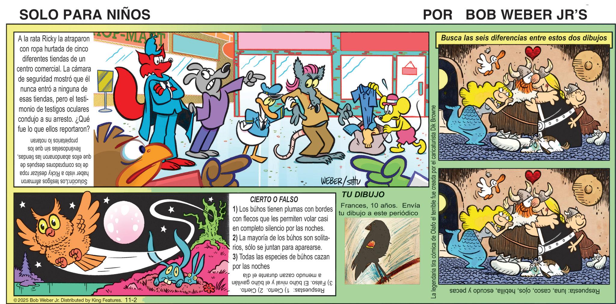 Animation OCR: SOLO PARA NIÑOS A la rata Ricky la atraparon con ropa hurtada de cinco diferentes tiendas de un centro comercial. La cámara de seguridad mostró que él nunca entró a ninguna de esas tiendaspero el testi- monio de testigos oculares condujo a su arresto. ¿Qué fue lo que ellos reportaron? s and is pa se a senda puede sol b de HOP-MAR zm ©2025 Bob Weber Jr. Distributed by King Features. 11-2 CIERTO O FALSO WEBER/SOU 1) Los búhos tienen plumas con bordes con flecos que les permiten volar casi en completo silencio por las noches. 2) La mayoría de los búhos son solita- riossólo se juntan para aparearse. 3) Todas las especies de búhos cazan por las noches ?? ?? ??????????? ( TU DIBUJO Frances10 años. Envía tu dibujo a este periódico POR BOB WEBER JR'S La legendaria tira cómica de Olafo el terrible fue creada por el caricaturista Dik Browne Busca las seis diferencias entre estos dos dibujos sed on a se SOLO PARA NIÑOS A la rata Ricky la atraparon con ropa hurtada de cinco diferentes tiendas de un centro comercial . La cámara de seguridad mostró que él nunca entró a ninguna de esas tiendaspero el testi- monio de testigos oculares condujo a su arresto . ¿ Qué fue lo que ellos reportaron ? s and is pa se a senda puede sol b de HOP - MAR zm © 2025 Bob Weber Jr. Distributed by King Features . 11-2 CIERTO O FALSO WEBER / SOU 1 ) Los búhos tienen plumas con bordes con flecos que les permiten volar casi en completo silencio por las noches . 2 ) La mayoría de los búhos son solita- riossólo se juntan para aparearse . 3 ) Todas las especies de búhos cazan por las noches ?? ?? ??????????? ( TU DIBUJO Frances10 años . Envía tu dibujo a este periódico POR BOB WEBER JR'S La legendaria tira cómica de Olafo el terrible fue creada por el caricaturista Dik Browne Busca las seis diferencias entre estos dos dibujos sed on a se