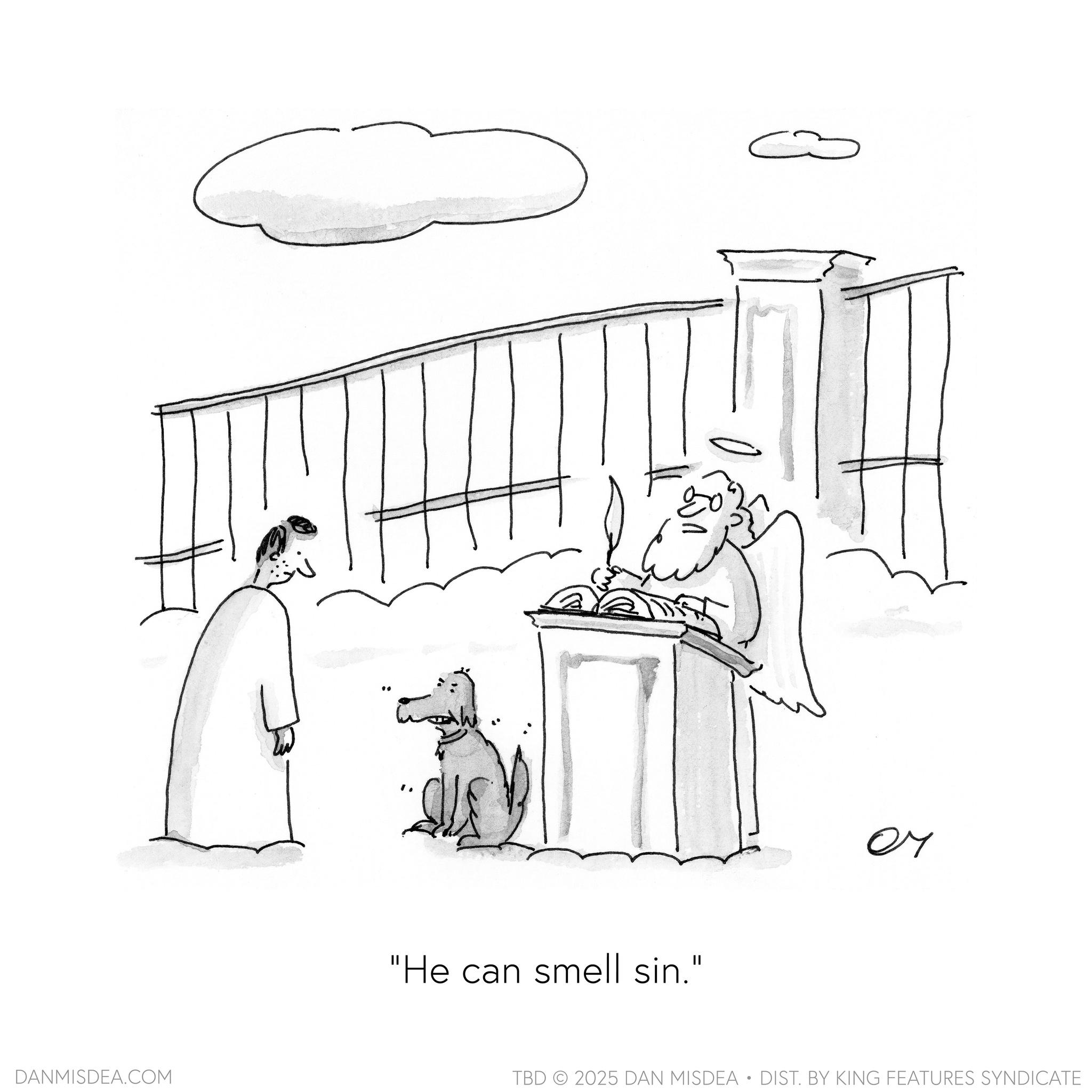 Photo caption OCR: DANMISDEA.COM "He can smell sin." ?? TBD 2025 DAN MISDEA • DIST. BY KING FEATURES SYNDICATE DANMISDEA.COM " He can smell sin . " ?? TBD 2025 DAN MISDEA • DIST . BY KING FEATURES SYNDICATE