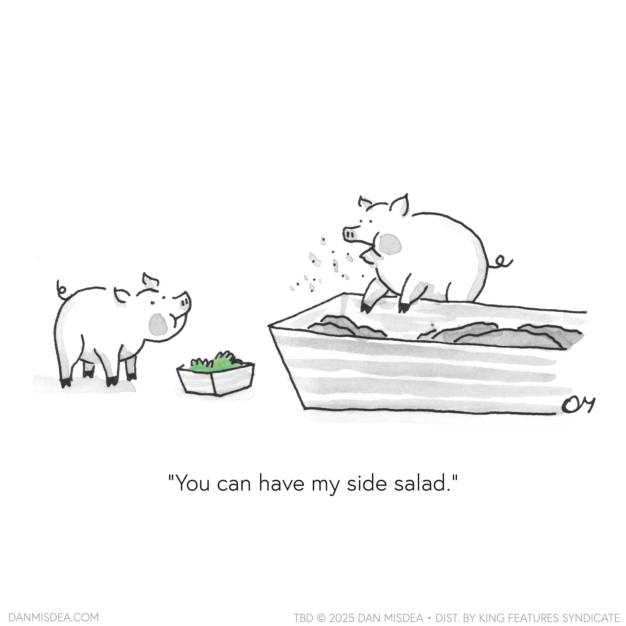 Graphics OCR: "You can have my side salad." 07 DANMISDEA.COM TBD 2025 DAN MISDEA • DIST. BY KING FEATURES SYNDICATE " You can have my side salad . " 07 DANMISDEA.COM TBD 2025 DAN MISDEA • DIST . BY KING FEATURES SYNDICATE