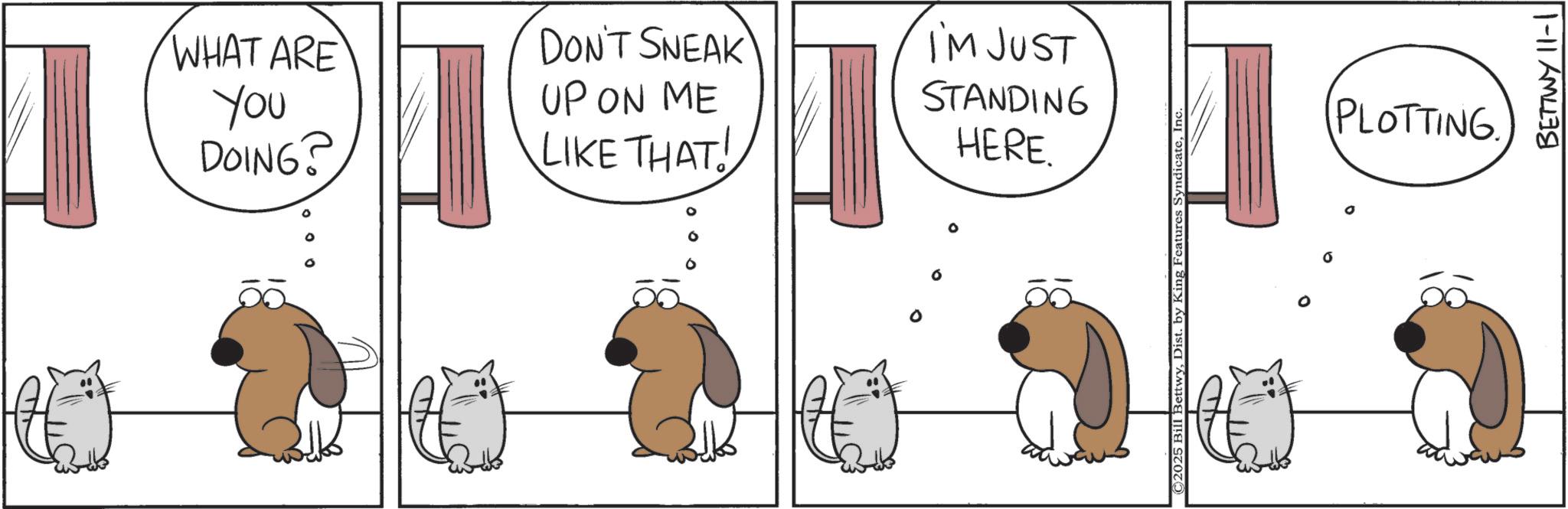 Fiction OCR: " WHAT ARE You DOING? DON'T SNEAK UP ON ME LIKE THAT! 000 I'M JUST STANDING HERE ©2025 Bill BettwyInc. PLOTTING. BETTWY 11-11 " WHAT ARE You DOING ? DON'T SNEAK UP ON ME LIKE THAT ! 000 I'M JUST STANDING HERE © 2025 Bill BettwyDist . by King Features SyndicateInc. PLOTTING . BETTWY 11-11
