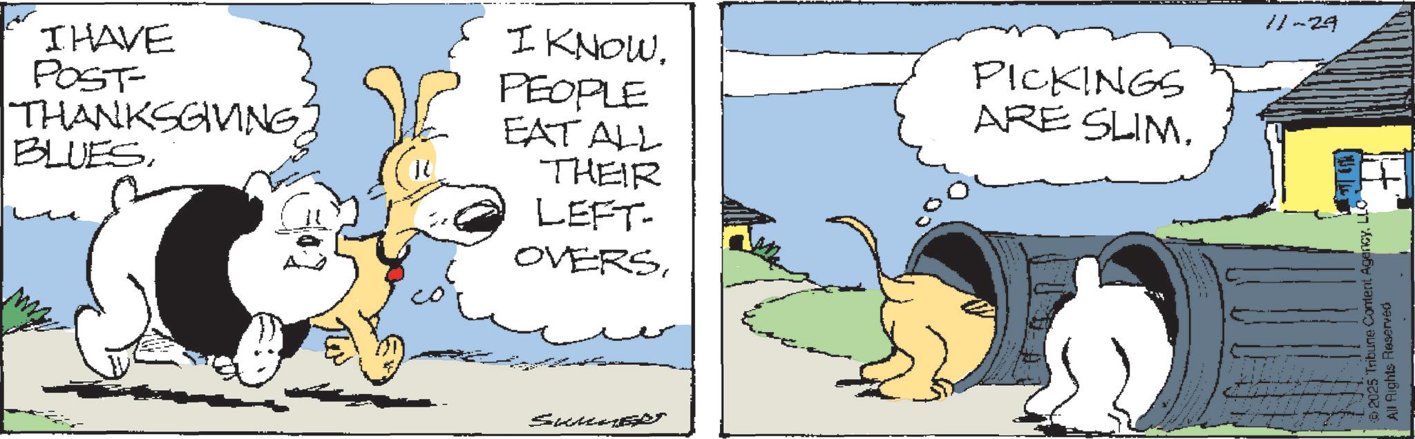 Fictional character OCR: I HAVE POST- THANKSGIVINGco I KNOW. PEOPLE EAT ALL THEIR LEFT- OVERS?? PICKINGS ARE SLIM. SUMABU 11-29 © 2025 Tribune Content AgencyLLC All Rights Reserved I HAVE POST- THANKSGIVINGco I KNOW . PEOPLE EAT ALL THEIR LEFT- OVERS?? PICKINGS ARE SLIM . SUMABU 11-29 © 2025 Tribune Content AgencyLLC All Rights Reserved