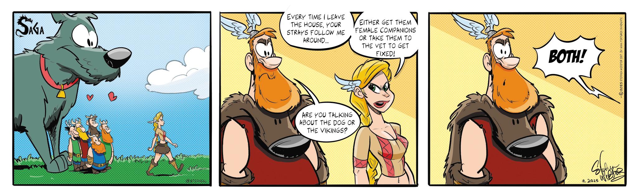 Comic book OCR: SAGA ? ? M @STARNEAL EVERY TIME I LEAVE THE HOUSEYOUR STRAYS FOLLOW ME AROUND... VEITHE EITHER GET THEM FEMALE COMPANIONS OR TAKE THEM TO THE VET TO GET FIXED! ARE YOU TALKING ABOUT THE DOG OR THE VIKINGS? BOTH! 11.2025 -2025 STEPHEN WEBSTER DIST BY KING FEATURES SYNDICATE SAGA ? ? M @STARNEAL EVERY TIME I LEAVE THE HOUSEYOUR STRAYS FOLLOW ME AROUND ... VEITHE EITHER GET THEM FEMALE COMPANIONS OR TAKE THEM TO THE VET TO GET FIXED ! ARE YOU TALKING ABOUT THE DOG OR THE VIKINGS ? BOTH ! 11.2025 -2025 STEPHEN WEBSTER DIST BY KING FEATURES SYNDICATE