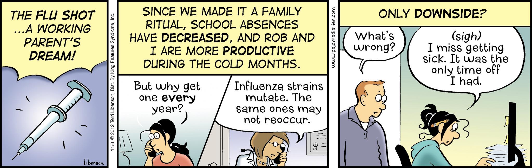 Gesture OCR: THE FLU SHOT ...A WORKING PARENT'S DREAM! Libenson 11/8 2012 Terri LibensonInc. SINCE WE MADE IT A FAMILY RITUALSCHOOL ABSENCES HAVE DECREASEDAND ROB AND I ARE MORE PRODUCTIVE DURING THE COLD MONTHS. But why get one every year? Influenza strains mutate. The same ones may not reoccur. B www.pajamadiaries.com ONLY DOWNSIDE? What's wrong? (sigh) I miss getting sick. It was the only time off I had. THE FLU SHOT ... A WORKING PARENT'S DREAM ! Libenson 11/8 2012 Terri LibensonDist . By King Features SyndicateInc. SINCE WE MADE IT A FAMILY RITUALSCHOOL ABSENCES HAVE DECREASEDAND ROB AND I ARE MORE PRODUCTIVE DURING THE COLD MONTHS . But why get one every year ? Influenza strains mutate . The same ones may not reoccur . B www.pajamadiaries.com ONLY DOWNSIDE ? What's wrong ? ( sigh ) I miss getting sick . It was the only time off I had .