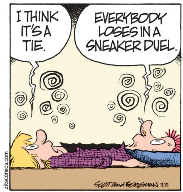 Animated cartoon OCR: zitscomics.com I THINK IT'S A TIE. EVERYBODY LOSESINA SNEAKER DUEL. © SCOTT and BORGMAN 11.15 zitscomics.com I THINK IT'S A TIE . EVERYBODY LOSESINA SNEAKER DUEL . © SCOTT and BORGMAN 11.15