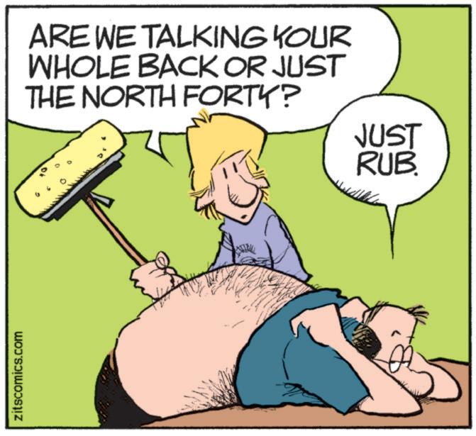 Photo caption OCR: zitscomics.com ARE WE TALKING YOUR WHOLE BACK OR JUST THE NORTH FORTY? JUST RUB. ww zitscomics.com ARE WE TALKING YOUR WHOLE BACK OR JUST THE NORTH FORTY ? JUST RUB . ww