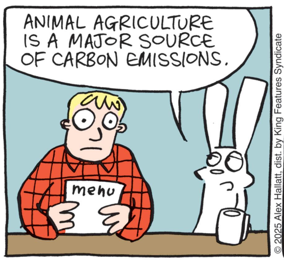 Animated cartoon OCR: ANIMAL AGRICULTURE IS A MAJOR SOURCE OF CARBON EMISSIONS. aw Menu 2025 Alex Hallattdist. by King Features Syndicate ANIMAL AGRICULTURE IS A MAJOR SOURCE OF CARBON EMISSIONS . aw Menu 2025 Alex Hallattdist . by King Features Syndicate