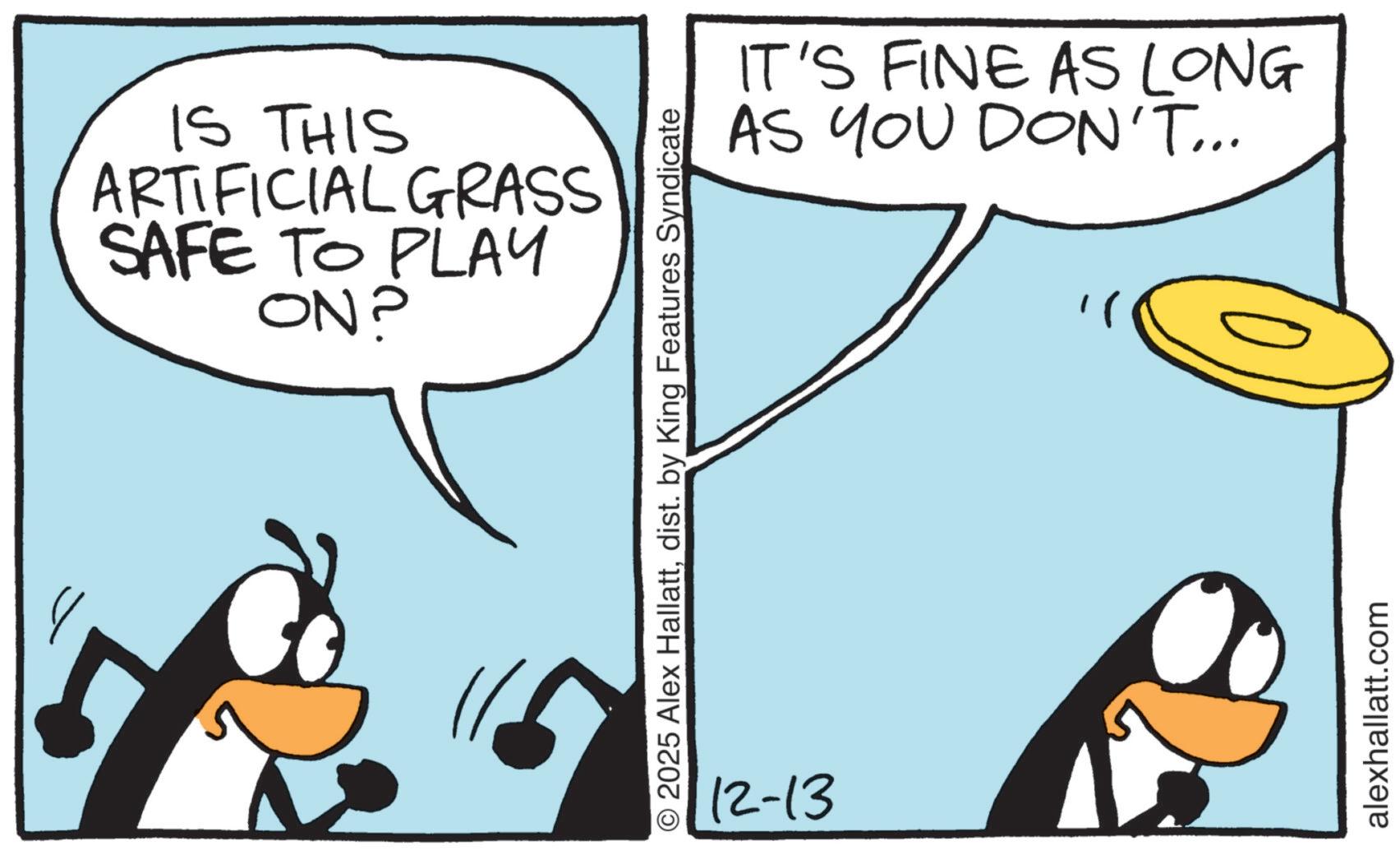 Animated cartoon OCR: IS THIS ARTIFICIAL GRASS SAFE TO PLAY ON? © 2025 Alex Hallattdist. by King Features Syndicate 12-13 IT'S FINE AS LONG AS YOU DON'T... alexhallatt.com IS THIS ARTIFICIAL GRASS SAFE TO PLAY ON ? © 2025 Alex Hallattdist . by King Features Syndicate 12-13 IT'S FINE AS LONG AS YOU DON'T ... alexhallatt.com