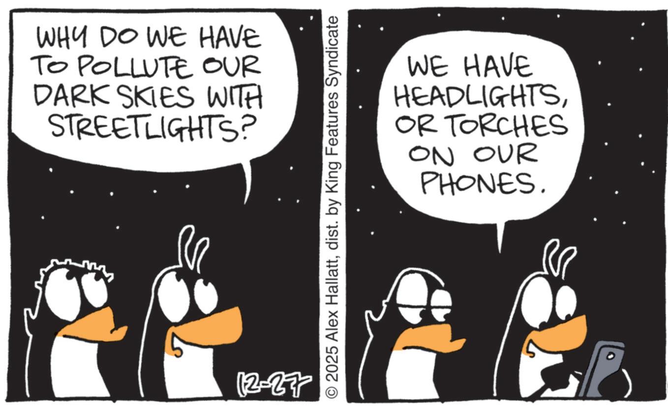 Graphics OCR: WHY DO WE HAVE TO POLLUTE OUR DARK SKIES WITH STREETLIGHTS? 12-27 © 2025 Alex Hallattdist. by King Features Syndicate WE HAVE HEADLIGHTSOR TORCHES ON OUR PHONES. WHY DO WE HAVE TO POLLUTE OUR DARK SKIES WITH STREETLIGHTS ? 12-27 © 2025 Alex Hallattdist . by King Features Syndicate WE HAVE HEADLIGHTSOR TORCHES ON OUR PHONES .