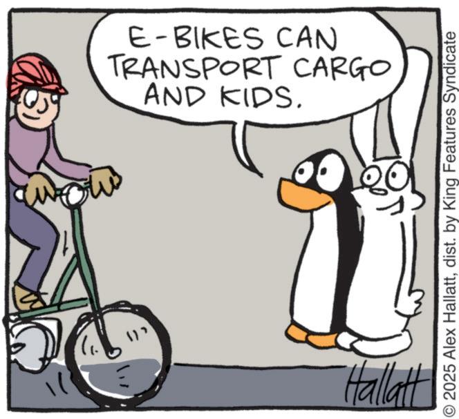 Bicycle Wheel Rim OCR: "1" AND KIDS. TRANSPORT CARGO E-BIKES CAN Hallatt © 2025 Alex Hallattdist. by King Features Syndicate " 1 " AND KIDS . TRANSPORT CARGO E - BIKES CAN Hallatt © 2025 Alex Hallattdist . by King Features Syndicate