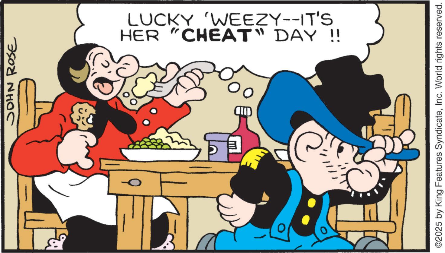 Publication OCR: JOHN ROSE -0 LUCKY 'WEEZY--IT'S HER "CHEAT" DAY !! ID ©2025 by King Features SyndicateInc. World rights reserved. JOHN ROSE -0 LUCKY ' WEEZY -- IT'S HER " CHEAT " DAY !! ID © 2025 by King Features SyndicateInc. World rights reserved .