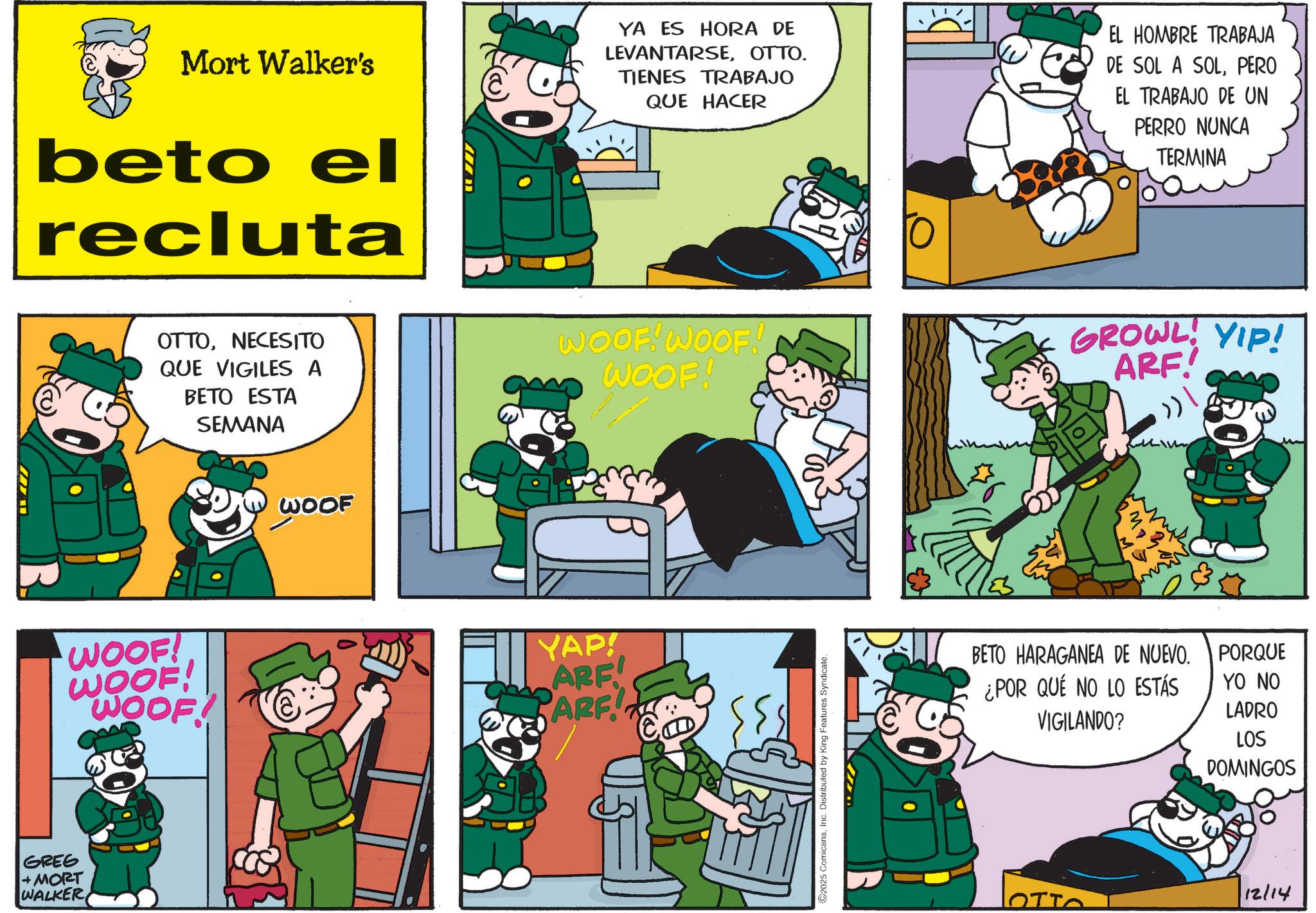 Photo caption OCR: GREG +MORT WALKER Mort Walker's beto el recluta YA ES HORA DE LEVANTARSEOTTO. TIENES TRABAJO QUE HACER EL HOMBRE TRABAJA DE SOL A SOLPERO EL TRABAJO DE UN PERRO NUNCA TERMINA OTTONECESITO QUE VIGILES A BETO ESTA SEMANA WOOF! WOOF! WOOF! GROWL YIP! ARF! WOOF! WOOF! WOOF! WOOF YAP! ARF PARF ©2025 ComicanaInc. Distributed by King Features Syndicate. BETO HARAGANEA DE NUEVO. ¿POR QUE NO LO ESTÁS VIGILANDO? PORQUE YO NO LADRO LOS DOMINGOS 12/14 GREG + MORT WALKER Mort Walker's beto el recluta YA ES HORA DE LEVANTARSEOTTO . TIENES TRABAJO QUE HACER EL HOMBRE TRABAJA DE SOL A SOLPERO EL TRABAJO DE UN PERRO NUNCA TERMINA OTTONECESITO QUE VIGILES A BETO ESTA SEMANA WOOF ! WOOF ! WOOF ! GROWL YIP ! ARF ! WOOF ! WOOF ! WOOF ! WOOF YAP ! ARF PARF © 2025 ComicanaInc. Distributed by King Features Syndicate . BETO HARAGANEA DE NUEVO . ¿ POR QUE NO LO ESTÁS VIGILANDO ? PORQUE YO NO LADRO LOS DOMINGOS 12/14