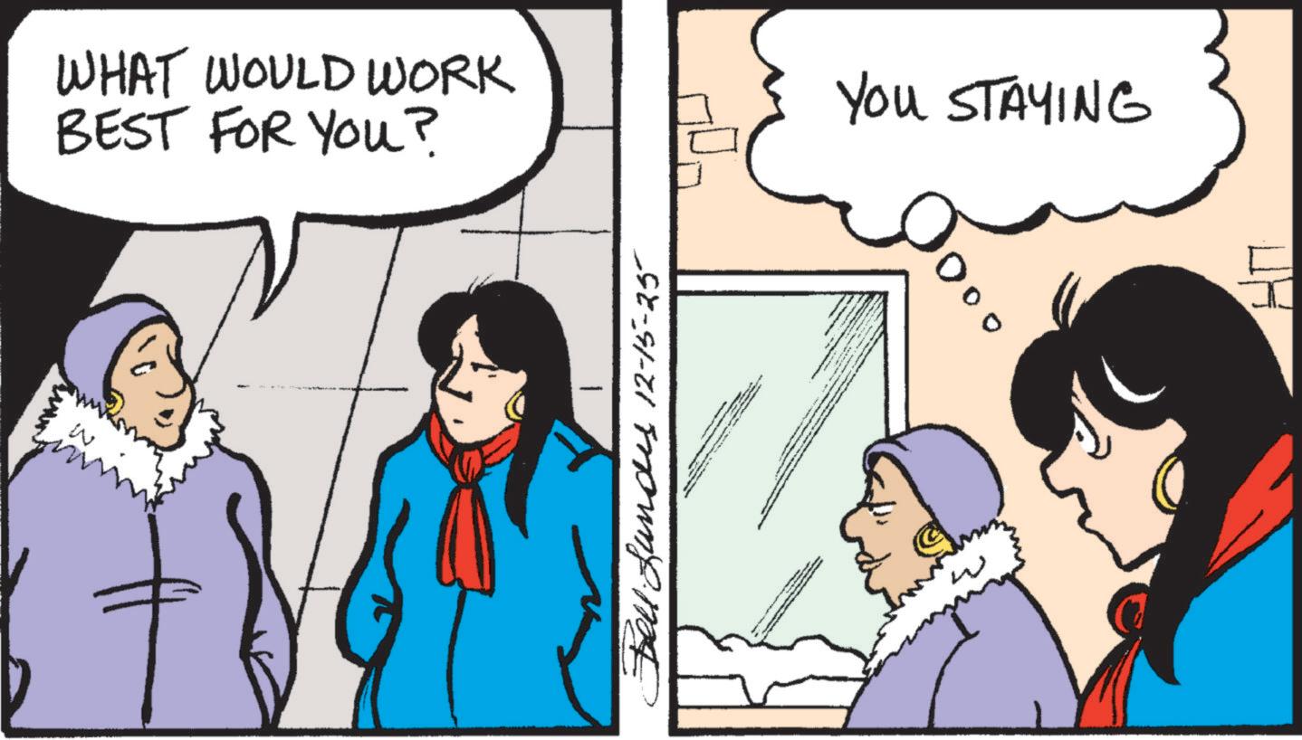Animated cartoon OCR: WHAT WOULD WORK BEST FOR You? YOU STAYING ? www. W Bell Lunds 12-15-25 WHAT WOULD WORK BEST FOR You ? YOU STAYING ? www . W Bell Lunds 12-15-25