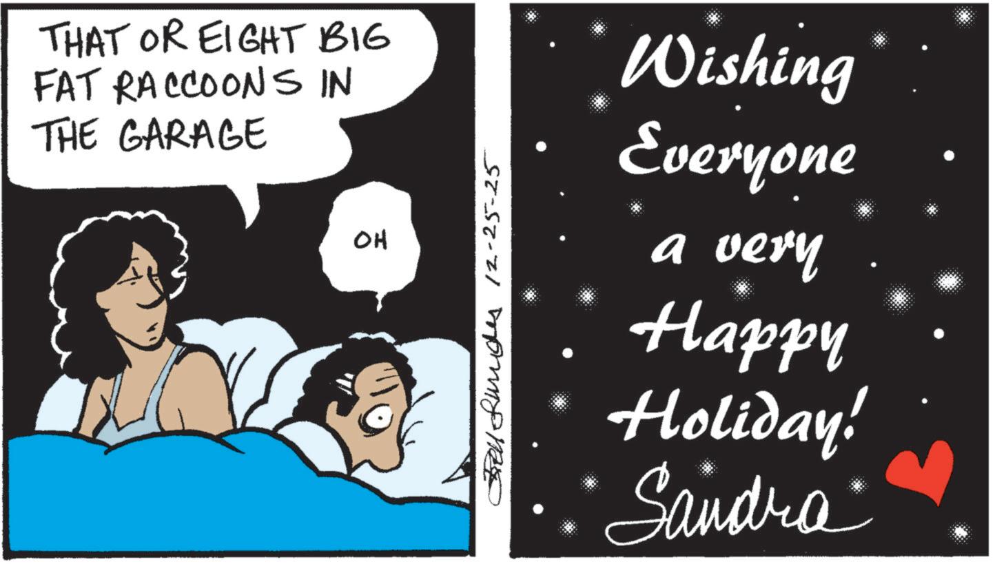 Graphic design OCR: THAT OR EIGHT BIG FAT RACCOONS IN THE GARAGE OH Bell fundes 12-25-25 Wishing Everyone a very Happy Holiday! Sandra THAT OR EIGHT BIG FAT RACCOONS IN THE GARAGE OH Bell fundes 12-25-25 Wishing Everyone a very Happy Holiday ! Sandra