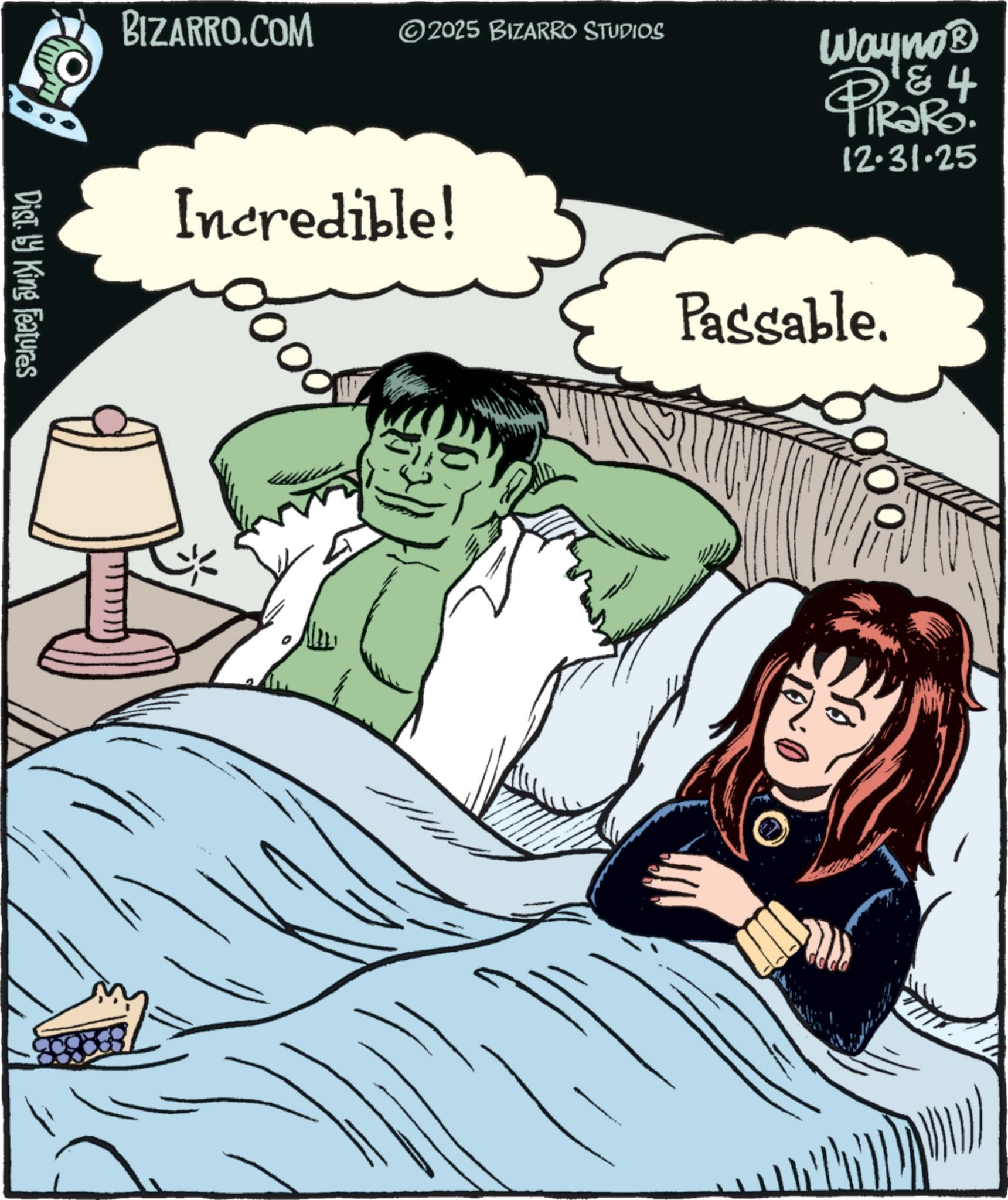 Graphics OCR: Dist. by King Features BIZARRO.COM ©2025 BIZARRO STUDIOS Wayno? 4 Incredible! PiRaRo. 12.31.25 Passable. ??????? Dist . by King Features BIZARRO.COM © 2025 BIZARRO STUDIOS Wayno? 4 Incredible ! PiRaRo . 12.31.25 Passable . ???????