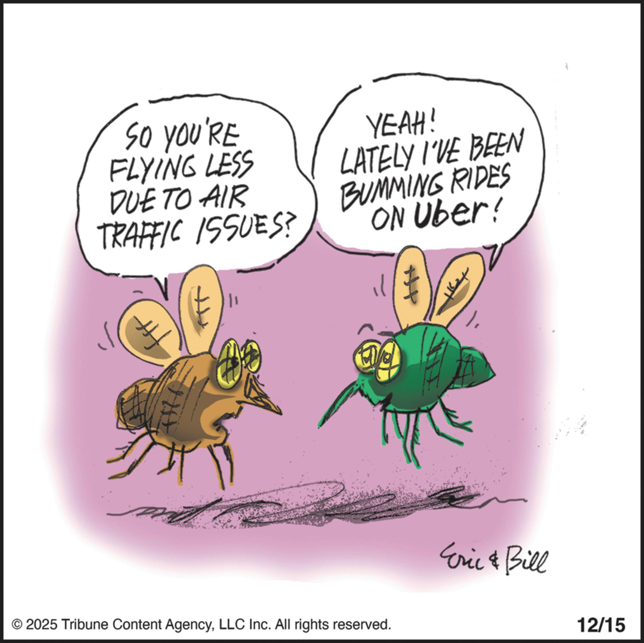 Parasitism OCR: SO YOU'RE FLYING LESS DUE TO AIR TRAFFIC ISSUES? YEAH! LATELY I'VE BEEN BUMMING RIDES ON Uber! © 2025 Tribune Content AgencyLLC Inc. All rights reserved. Eric & Bill 12/15 SO YOU'RE FLYING LESS DUE TO AIR TRAFFIC ISSUES ? YEAH ! LATELY I'VE BEEN BUMMING RIDES ON Uber ! © 2025 Tribune Content AgencyLLC Inc. All rights reserved . Eric & Bill 12/15