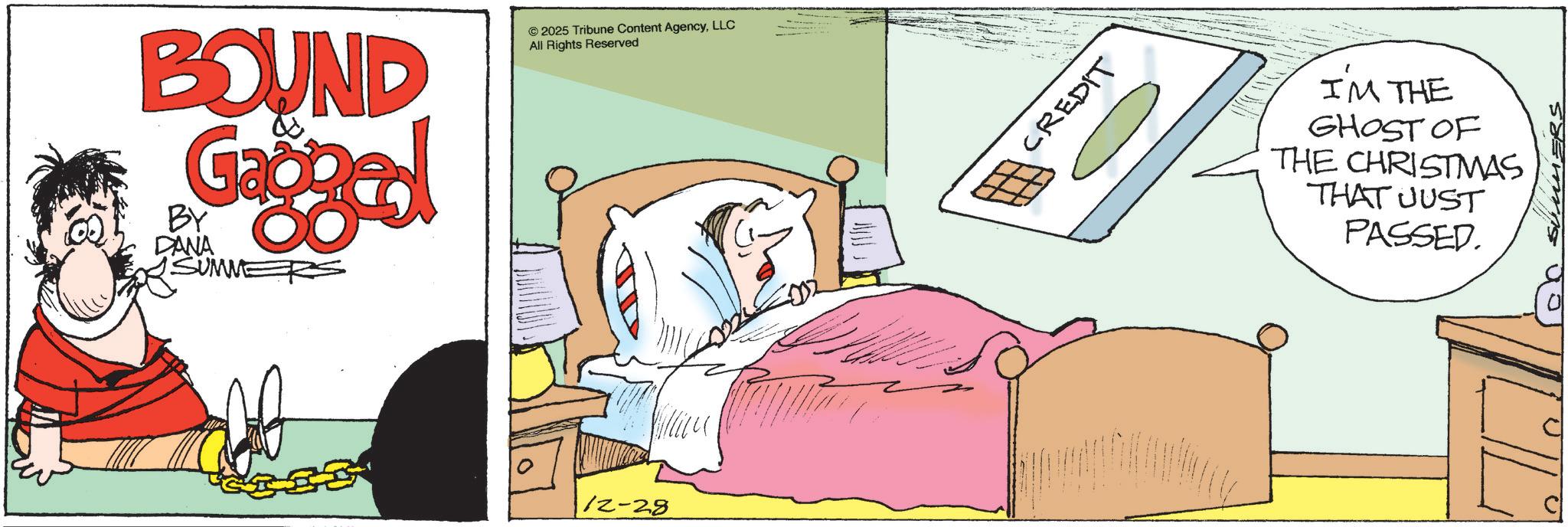 Animated cartoon OCR: BOUND Gagged BY DANA SUMME ©2025 Tribune Content AgencyLLC All Rights Reserved 12-28 CREDIT I'M THE GHOST OF THE CHRISTMAS THAT JUST PASSED. 0 SUMMERS BOUND Gagged BY DANA SUMME © 2025 Tribune Content AgencyLLC All Rights Reserved 12-28 CREDIT I'M THE GHOST OF THE CHRISTMAS THAT JUST PASSED . 0 SUMMERS