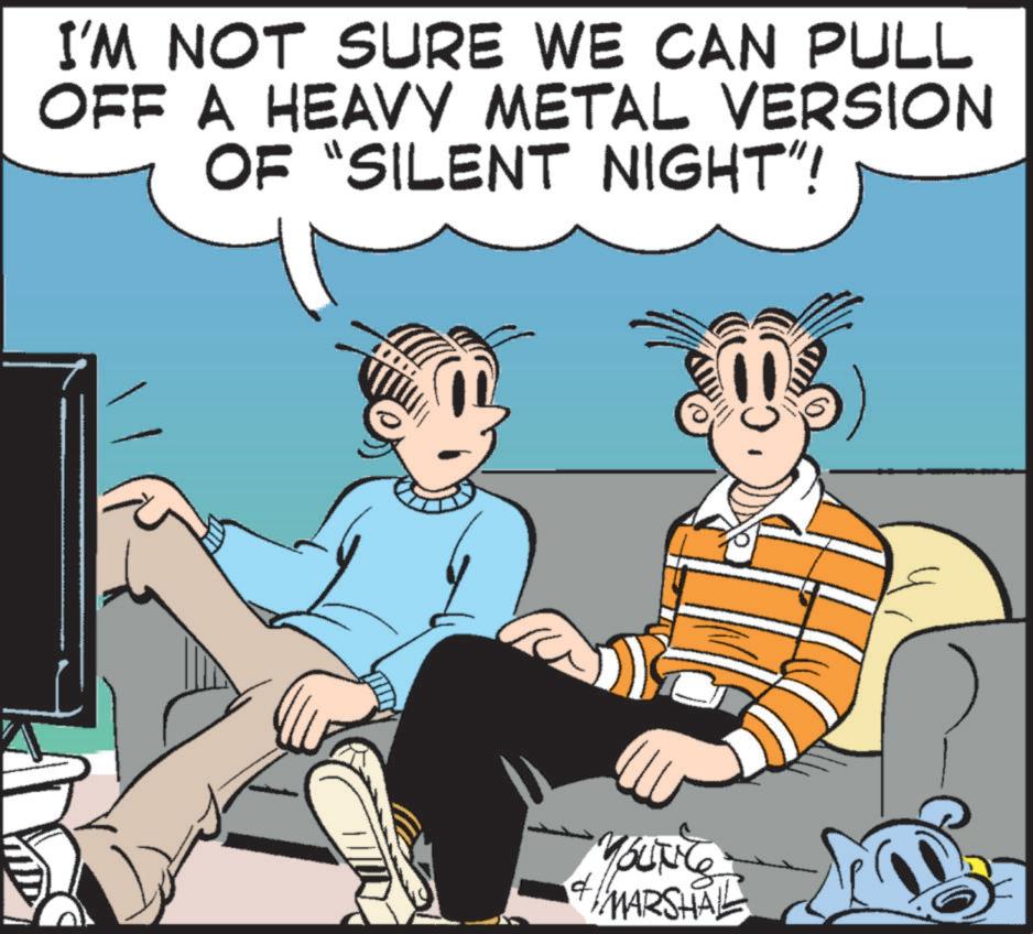 Animated cartoon OCR: I'M NOT SURE WE CAN PULL OFF A HEAVY METAL VERSION OF "SILENT NIGHT"! f YOUNG MARSHAL I'M NOT SURE WE CAN PULL OFF A HEAVY METAL VERSION OF " SILENT NIGHT " ! f YOUNG MARSHAL