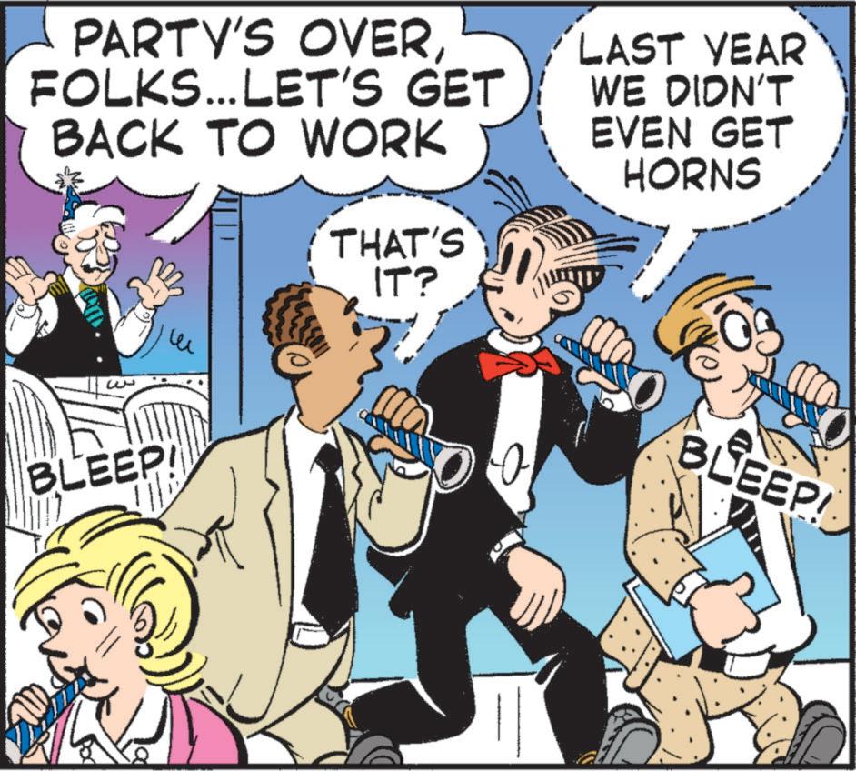 Animated cartoon OCR: PARTY'S OVERFOLKS... LET'S GET BACK TO WORK THAT'S IT? LAST YEAR WE DIDN'T EVEN GET HORNS w BLEEP! BLEEP! PARTY'S OVERFOLKS ... LET'S GET BACK TO WORK THAT'S IT ? LAST YEAR WE DIDN'T EVEN GET HORNS w BLEEP ! BLEEP !