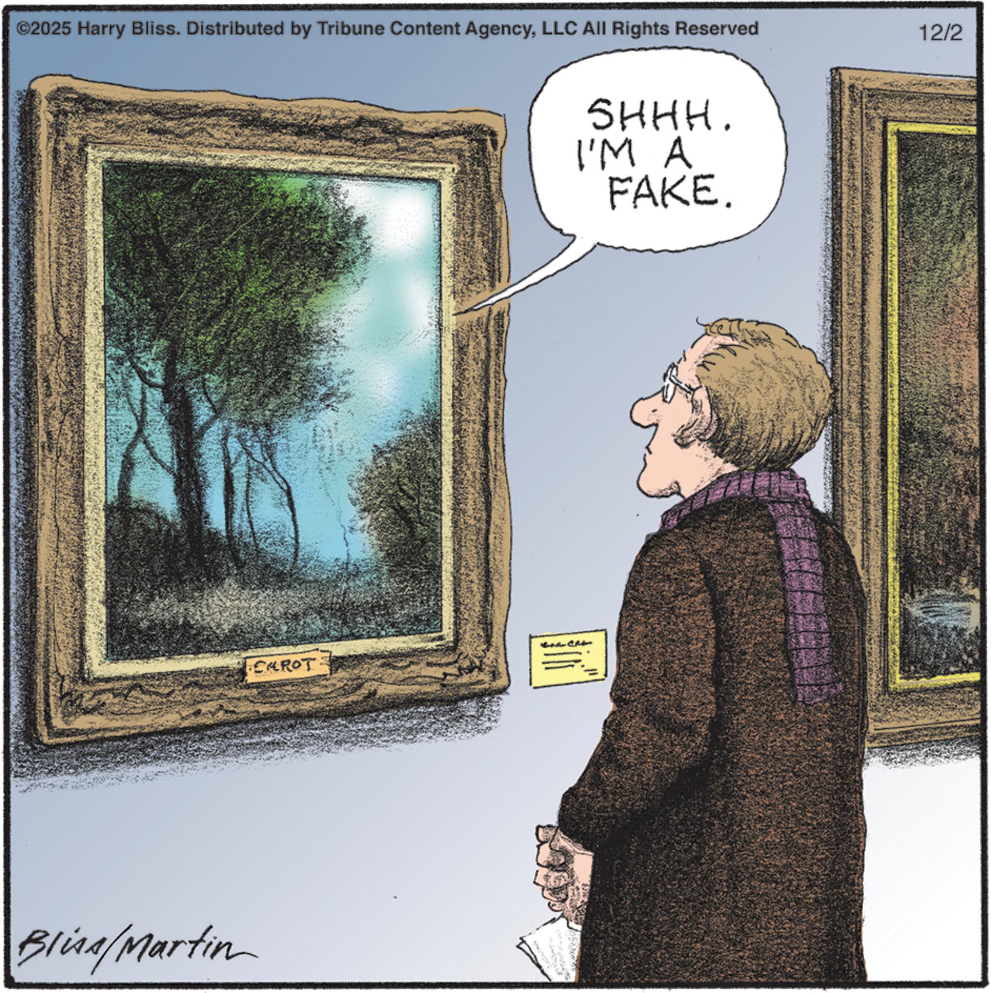 Picture frame OCR: ©2025 Harry Bliss. Distributed by Tribune Content AgencyLLC All Rights Reserved Blind/Martin LÊN R?I SHHH. I'M A FAKE. 12/2 © 2025 Harry Bliss . Distributed by Tribune Content AgencyLLC All Rights Reserved Blind / Martin LÊN R?I SHHH . I'M A FAKE . 12/2