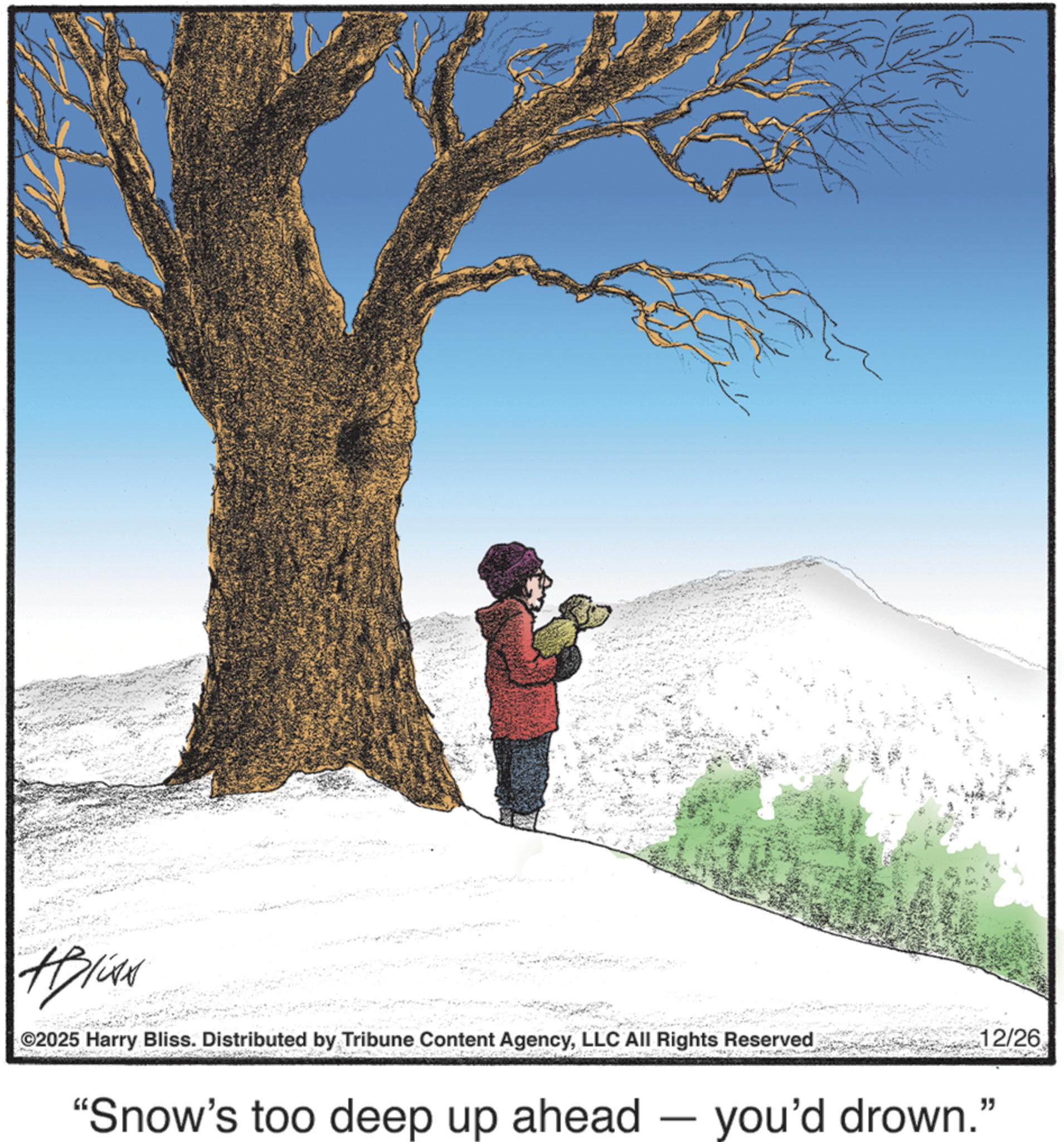 Animated cartoon OCR: Alise ©2025 Harry Bliss. Distributed by Tribune Content AgencyLLC All Rights Reserved "Snow's too deep up ahead - you'd drown." 12/26 Alise © 2025 Harry Bliss . Distributed by Tribune Content AgencyLLC All Rights Reserved " Snow's too deep up ahead - you'd drown . " 12/26