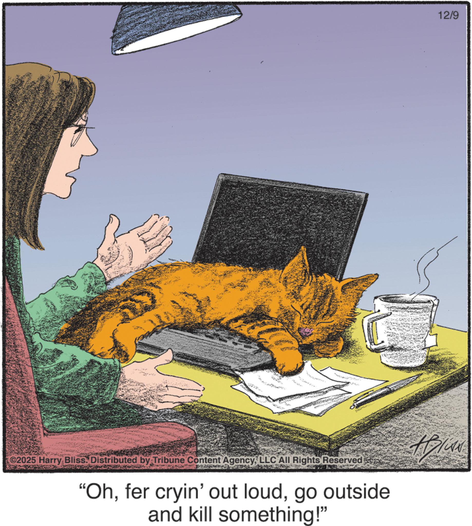 Office supplies OCR: ©2025 Harry Bliss. Distributed by Tribune Content AgencyLLC All Rights Reserved "Ohgo outside and kill something!" 12/9 © 2025 Harry Bliss . Distributed by Tribune Content AgencyLLC All Rights Reserved " Ohfer cryin ' out loudgo outside and kill something ! " 12/9