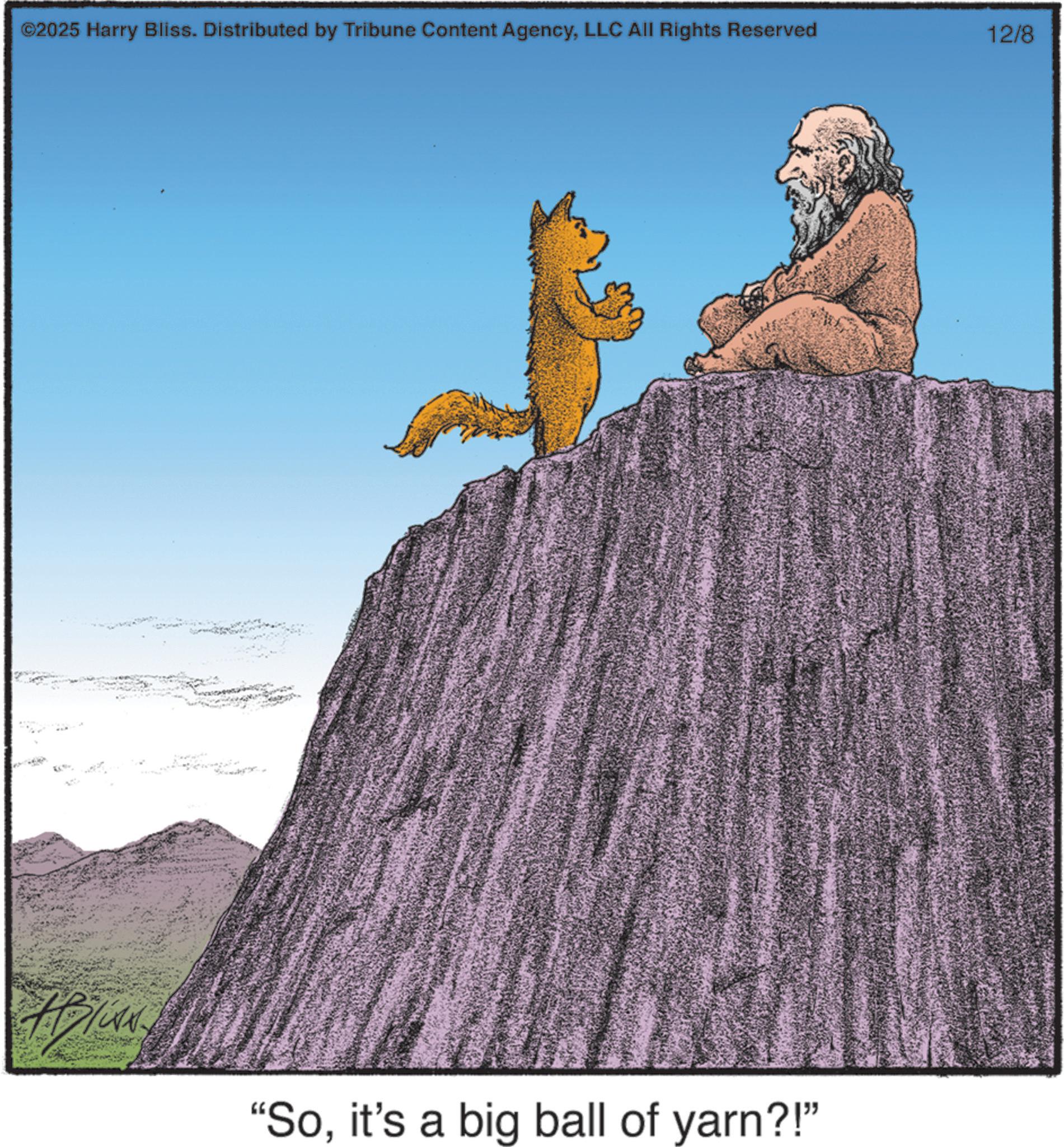Tail OCR: ©2025 Harry Bliss. Distributed by Tribune Content AgencyLLC All Rights Reserved "Soit's a big ball of yarn?!" 12/8 © 2025 Harry Bliss . Distributed by Tribune Content AgencyLLC All Rights Reserved " Soit's a big ball of yarn ?! " 12/8