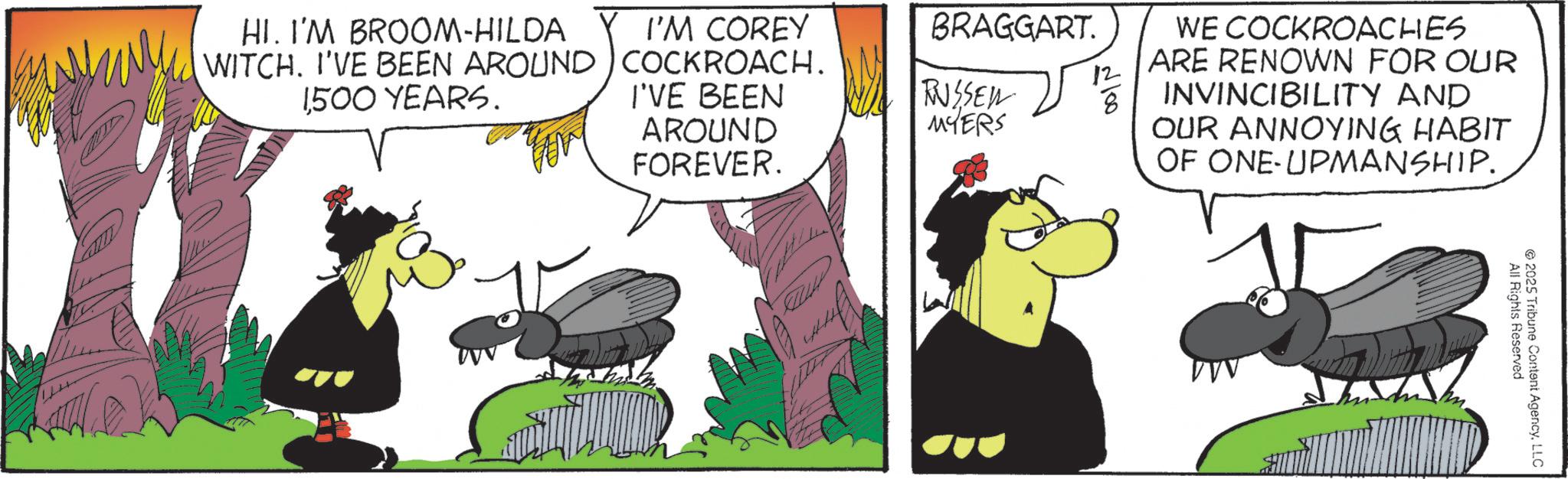 Comics OCR: BRAGGART. 12 v100 RUSSEN 8 MYERS WE COCKROACHES ARE RENOWN FOR OUR INVINCIBILITY AND OUR ANNOYING HABIT OF ONE-UPMANSHIP. HII'M BROOM-HILDA WITCH. I'VE BEEN AROUND 1500 YEARS. I'M COREY COCKROACH. I'VE BEEN AROUND FOREVER. All Rights Reserved 2025 Tribune Content AgencyLLC BRAGGART . 12 v100 RUSSEN 8 MYERS WE COCKROACHES ARE RENOWN FOR OUR INVINCIBILITY AND OUR ANNOYING HABIT OF ONE - UPMANSHIP . HII'M BROOM - HILDA WITCH . I'VE BEEN AROUND 1500 YEARS . I'M COREY COCKROACH . I'VE BEEN AROUND FOREVER . All Rights Reserved 2025 Tribune Content Agency