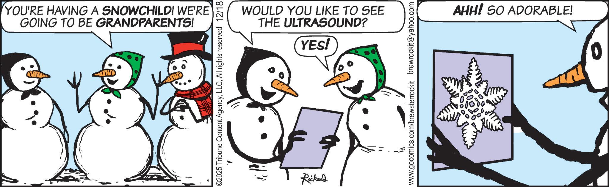 Animation OCR: YOU'RE HAVING A SNOWCHILD! WE'RE GOING TO BE GRANDPARENTS! ©2025 Tribune Content AgencyAll rights reserved 12/18 & P Rickard WOULD YOU LIKE TO SEE THE ULTRASOUND? YES! www.gocomics.com/brewsterrockit brewrockit@yahoo.com AHH! SO ADORABLE! YOU'RE HAVING A SNOWCHILD ! WE'RE GOING TO BE GRANDPARENTS ! © 2025 Tribune Content AgencyAll rights reserved 12/18 & P Rickard WOULD YOU LIKE TO SEE THE ULTRASOUND ? YES ! www.gocomics.com/brewsterrockit brewrockit@yahoo.com AHH ! SO ADORABLE !