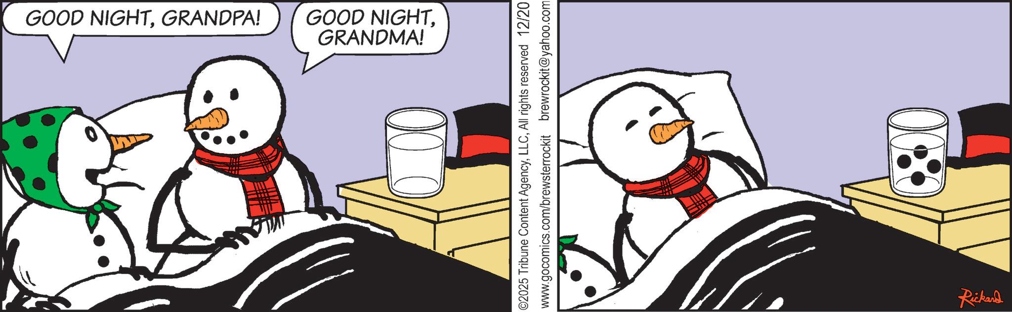 Photo caption OCR: GOOD NIGHTGRANDPA! GOOD NIGHTGRANDMA! 000 ©2025 Tribune Content AgencyAll rights reserved 12/20 www.gocomics.com/brewsterrockit brewrockit@yahoo.com Rickand 800 GOOD NIGHTGRANDPA ! GOOD NIGHTGRANDMA ! 000 © 2025 Tribune Content AgencyAll rights reserved 12/20 www.gocomics.com/brewsterrockit brewrockit@yahoo.com Rickand 800