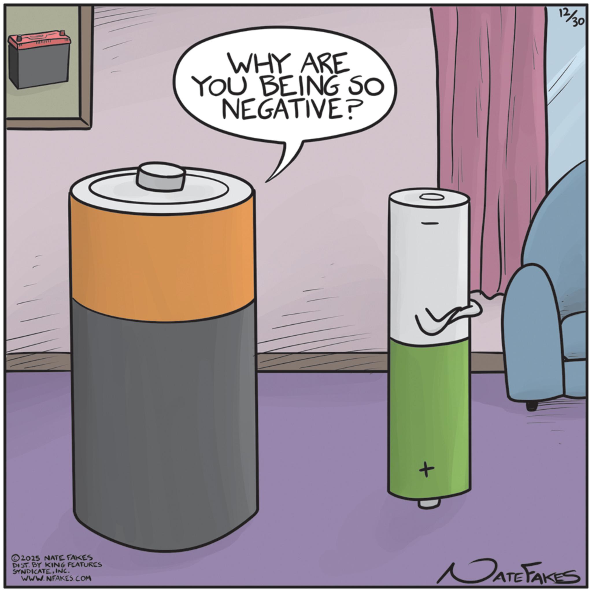 Graphic design OCR: WHY ARE YOU BEING SO NEGATIVE? 2025 NATE FAKES DIST. BY KING FEATURES SYNDICATEINC. WWW.NFAKES.COM 12/30 + NATE FAKES WHY ARE YOU BEING SO NEGATIVE ? 2025 NATE FAKES DIST . BY KING FEATURES SYNDICATEINC . WWW.NFAKES.COM 12/30 + NATE FAKES