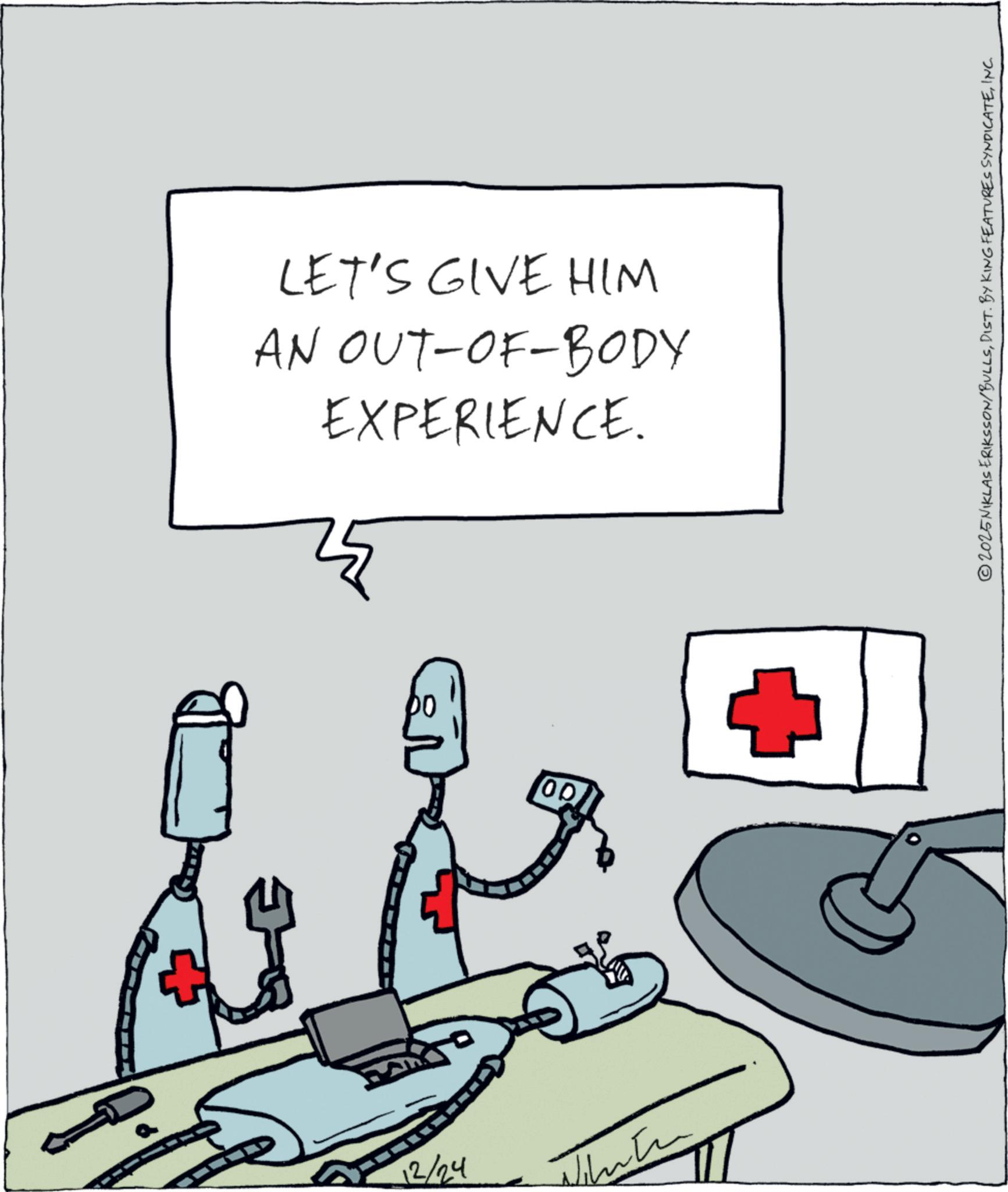 Diagram OCR: LET'S GIVE HIM AN OUT-OF-BODY EXPERIENCE. 00 12/24 ???? 2025NIKLAS ERIKSSON/BULLSINC. LET'S GIVE HIM AN OUT - OF - BODY EXPERIENCE . 00 12/24 ???? 2025NIKLAS ERIKSSON / BULLSDIST . BY KING FEATURES SYNDICATEINC .