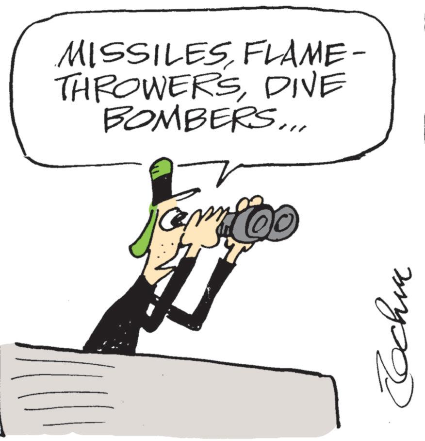 Photo caption OCR: MISSILESFLAME- THROWERSDIVE BOMBERS... Rochie MISSILESFLAME- THROWERSDIVE BOMBERS ... Rochie
