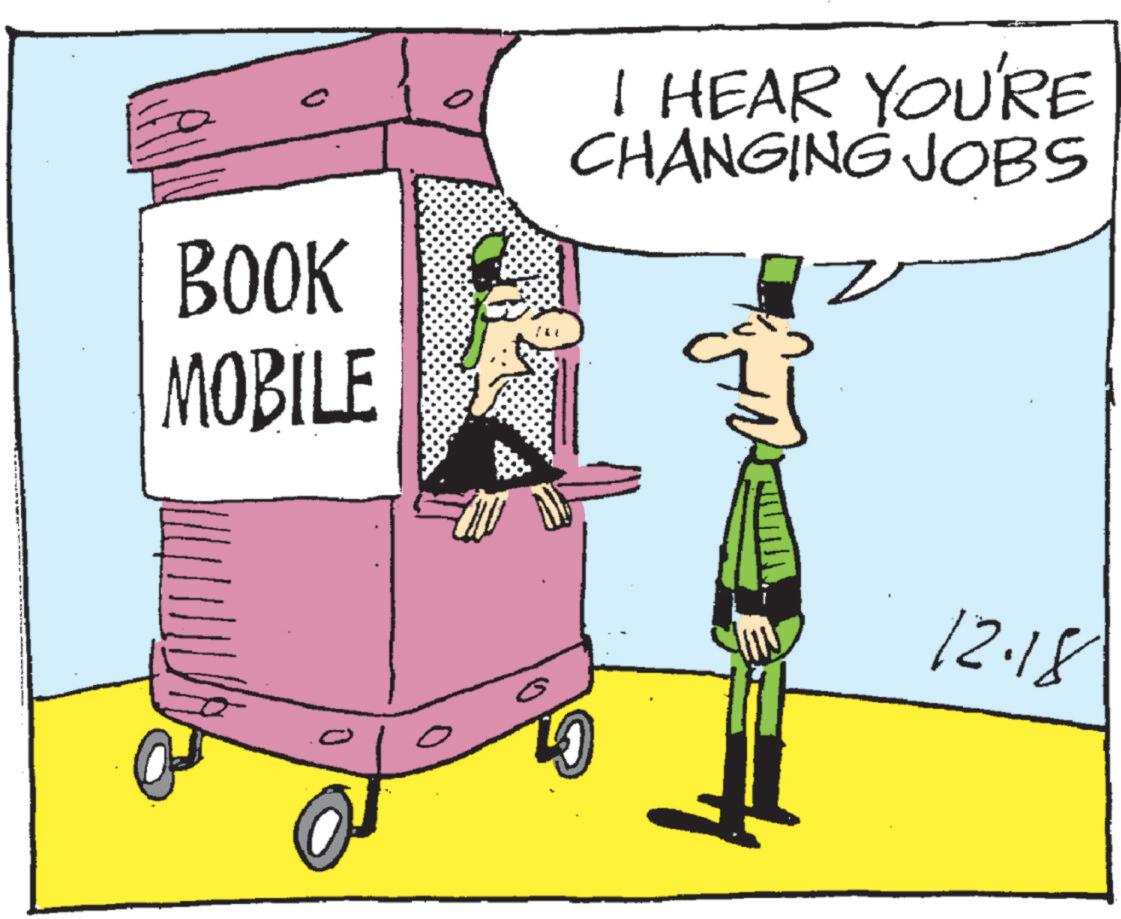 Animated cartoon OCR: BOOK MOBILE I HEAR YOU'RE CHANGING JOBS 12.18 BOOK MOBILE I HEAR YOU'RE CHANGING JOBS 12.18