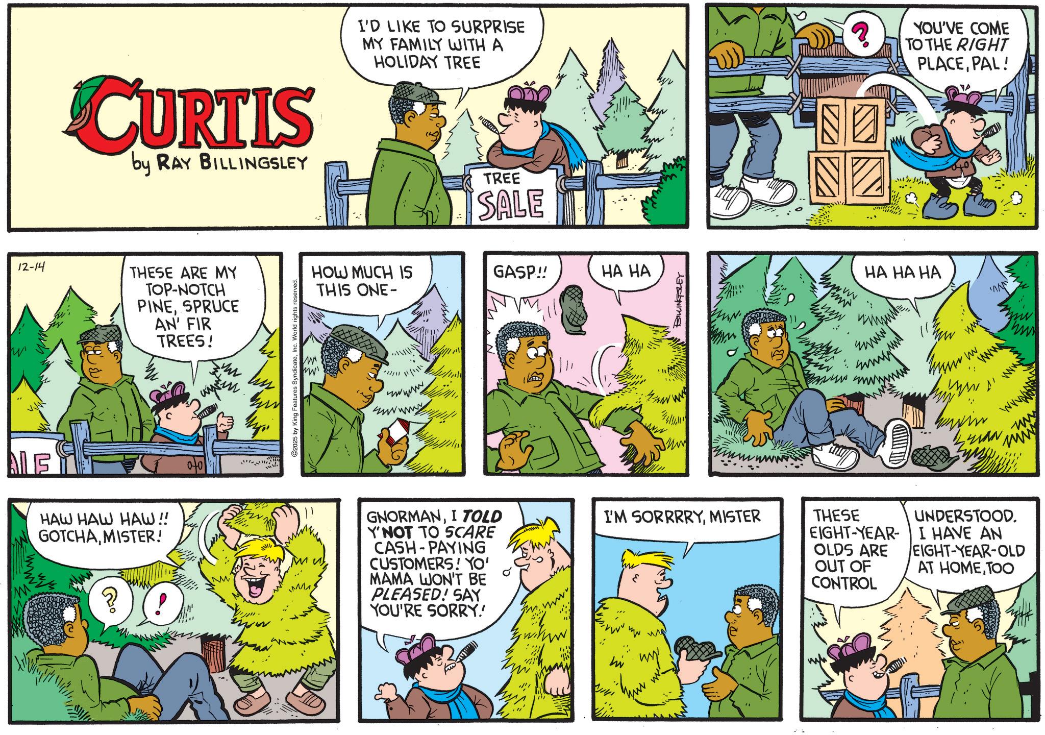 Animated cartoon OCR: ALE 12-14 CURTIS by RAY BILLINGSLEY THESE ARE MY TOP-NOTCH PINESPRUCE AN' FIR TREES! h Myi HAW HAW HAW!! GOTCHAMISTER! 2025 by King Features SyndicateInc. World rights r I'D LIKE TO SURPRISE MY FAMILY WITH A HOLIDAY TREE HOW MUCH IS THIS ONE- ?? www wwwwwwww TREE SALE GASP!! HA HA BILLINGSLEY ? www www YOU'VE COME TO THE RIGHT PLACEPAL! www HA HA HA wwww www ww www GNORMANI TOLD Y'NOT TO SCARE CASH-PAYING CUSTOMERS! YO' MAMA WON'T BE PLEASED! SAY YOU'RE SORRY!! I'M SORRRRYMISTER THESE EIGHT-YEAR- OLDS ARE OUT OF CONTROL UNDERSTOOD. I HAVE AN EIGHT-YEAR-OLD AT HOMETOO ??? in my ALE 12-14 CURTIS by RAY BILLINGSLEY THESE ARE MY TOP - NOTCH PINESPRUCE AN ' FIR TREES ! h Myi HAW HAW HAW !! GOTCHAMISTER ! 2025 by King Features SyndicateInc. World rights r I'D LIKE TO SURPRISE MY FAMILY WITH A HOLIDAY TREE HOW MUCH IS THIS ONE- ?? www wwwwwwww TREE SALE GASP !! HA HA BILLINGSLEY ? www www YOU'VE COME TO THE RIGHT PLACEPAL ! www HA HA HA wwww www ww www GNORMANI TOLD Y'NOT TO SCARE CASH - PAYING CUSTOMERS ! YO ' MAMA WON'T BE PLEASED ! SAY YOU'RE SORRY !! I'M SORRRRYMISTER THESE EIGHT - YEAR- OLDS ARE OUT OF CONTROL UNDERSTOOD . I HAVE AN EIGHT - YEAR - OLD AT HOMETOO ??? in my