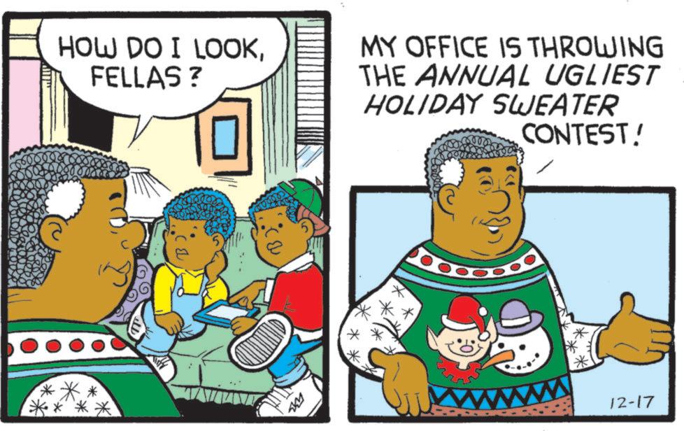 Fictional character OCR: HOW DO I LOOKFELLAS ? MY OFFICE IS THROWING THE ANNUAL UGLIEST HOLIDAY SWEATER CONTEST! *** **** 4312 wwwww 12-17 HOW DO I LOOKFELLAS ? MY OFFICE IS THROWING THE ANNUAL UGLIEST HOLIDAY SWEATER CONTEST ! *** **** 4312 wwwww 12-17