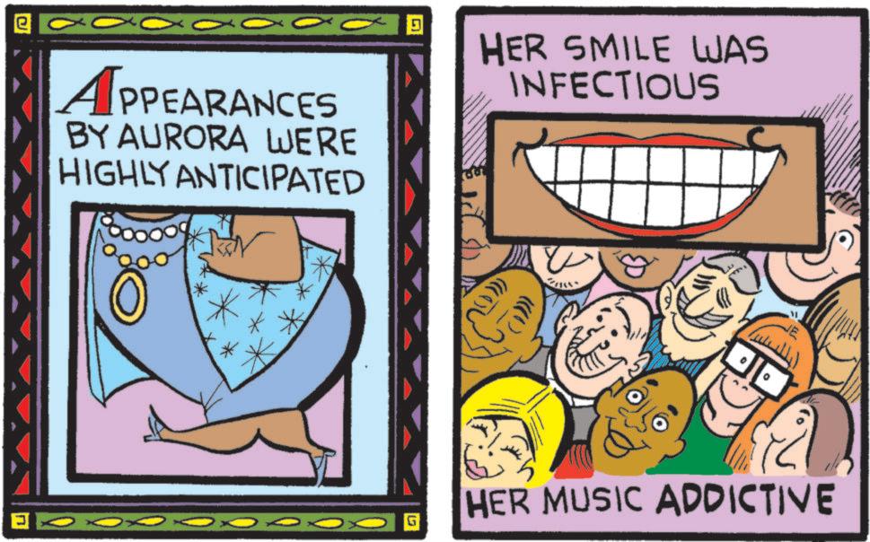Graphic design OCR: e APPEARANCES BY AURORA WERE HIGHLY ANTICIPATED O HER SMILE WAS INFECTIOUS ? G HER MUSIC ADDICTIVE e APPEARANCES BY AURORA WERE HIGHLY ANTICIPATED O HER SMILE WAS INFECTIOUS ? G HER MUSIC ADDICTIVE