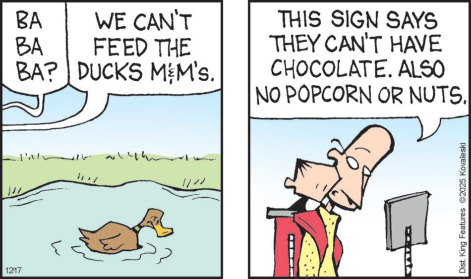Animation OCR: 12/17 BA BA WE CAN'T FEED THE BA? DUCKS M&M's. THIS SIGN SAYS THEY CAN'T HAVE CHOCOLATE. ALSO NO POPCORN OR NUTS. Dist. King Features 2025 Kovaleski 12/17 BA BA WE CAN'T FEED THE BA ? DUCKS M & M's . THIS SIGN SAYS THEY CAN'T HAVE CHOCOLATE . ALSO NO POPCORN OR NUTS . Dist . King Features 2025 Kovaleski